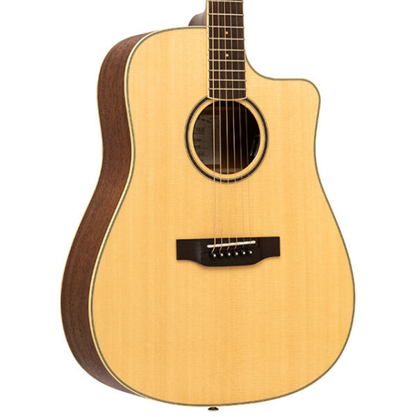 Crafter ES-MAHO DCE guitar with a wooden body and brown edges on a white background