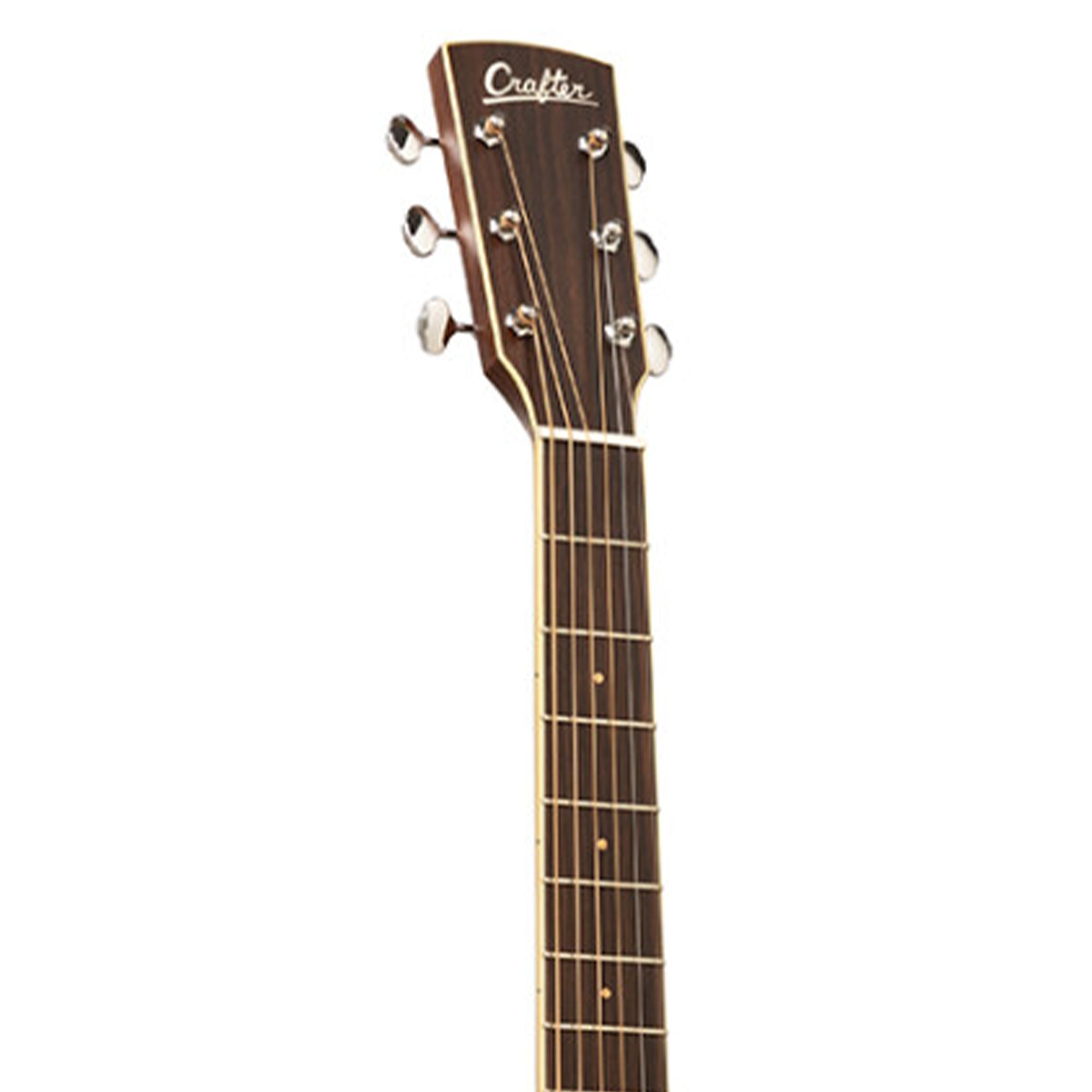 Guitar neck with Crafter logo on a white background