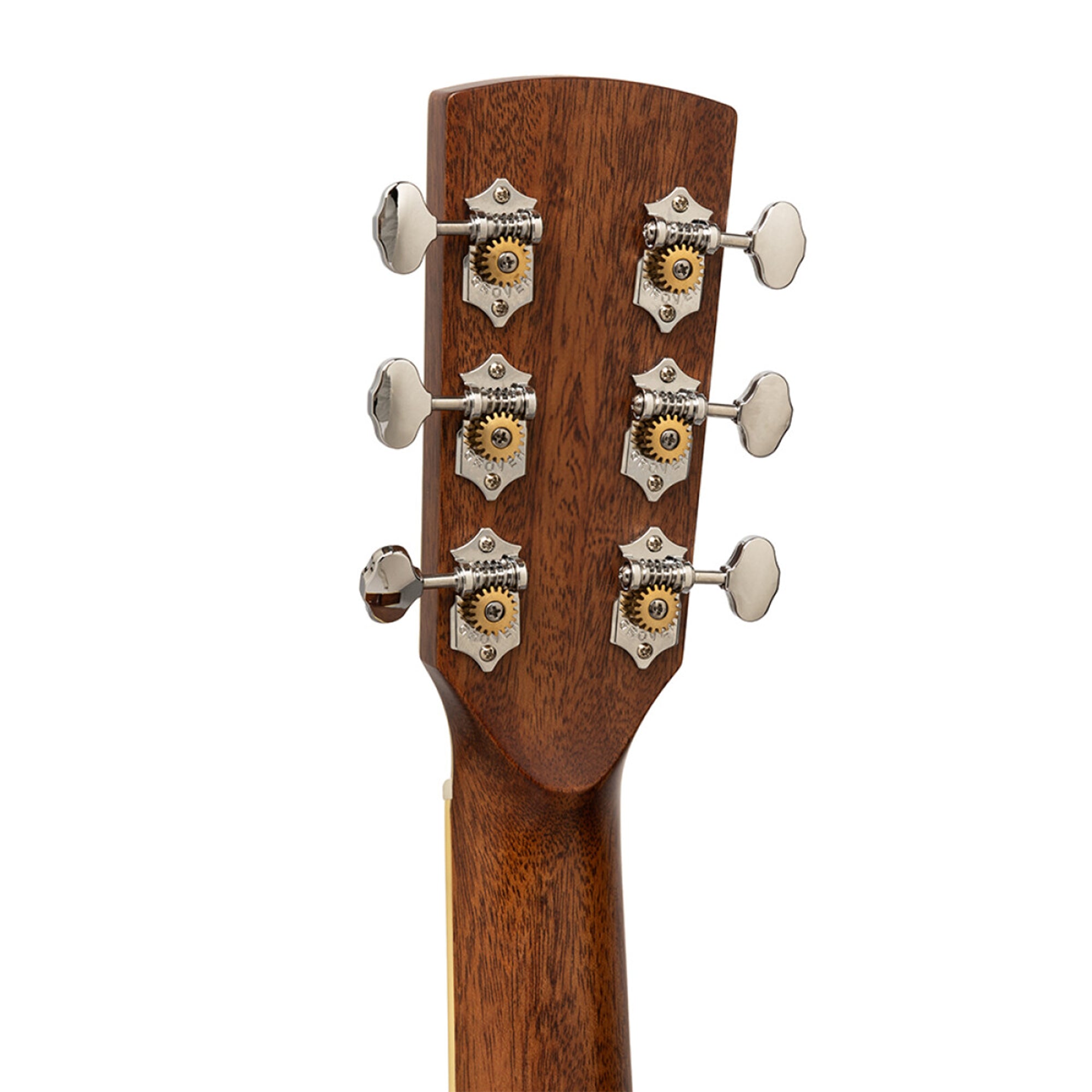 Wooden guitar headstock with tuning pegs on a white background
