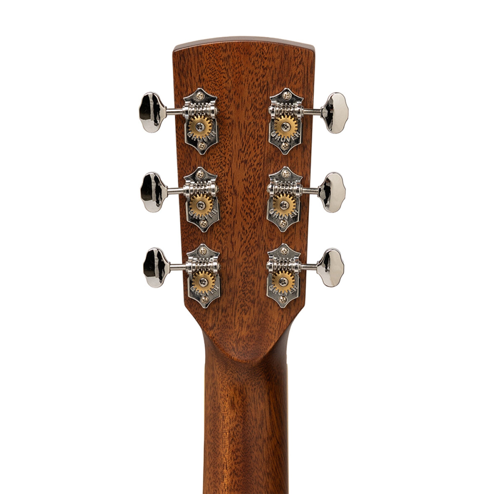 Close-up of a guitar headstock with tuning pegs on a white background
