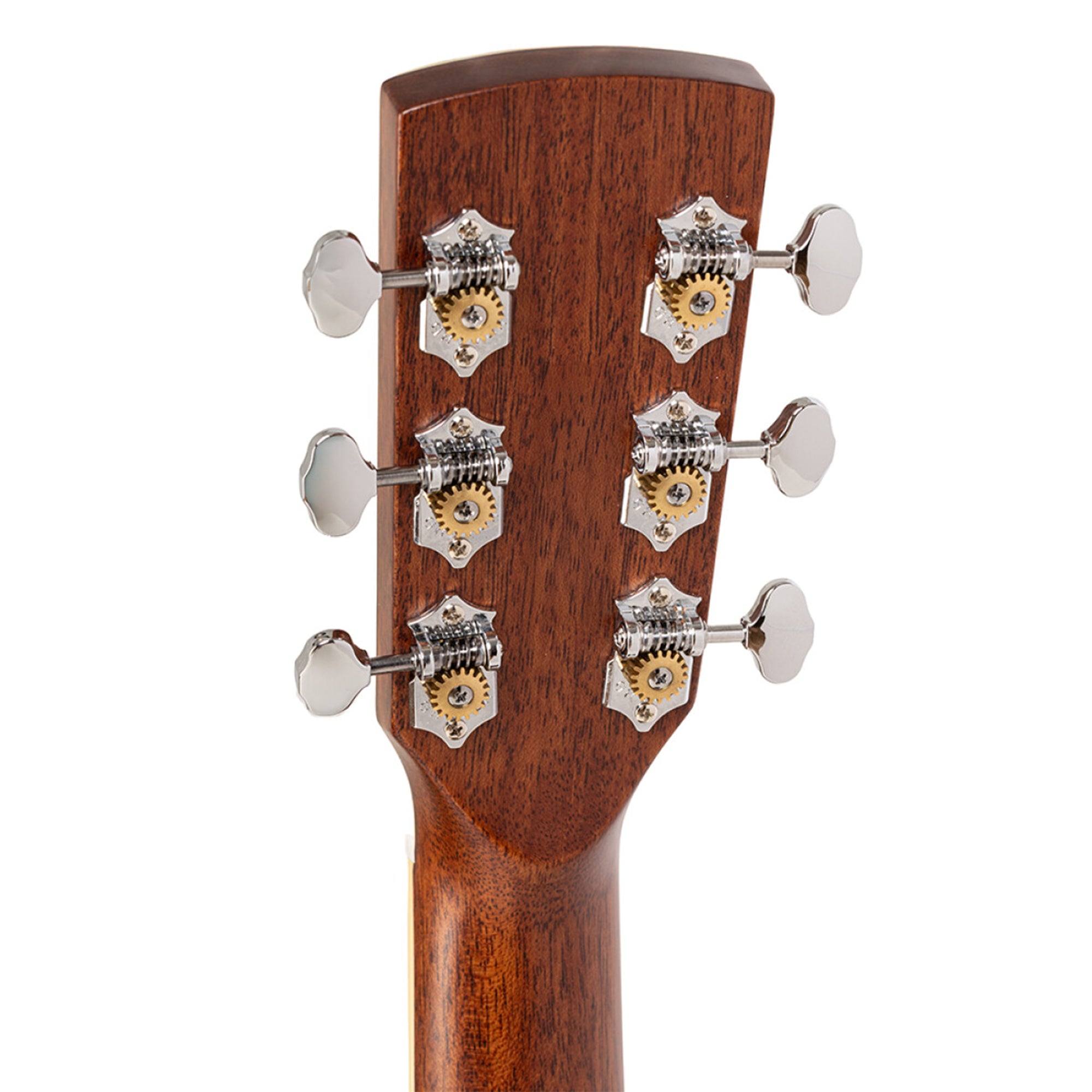 Close-up of a guitar headstock with tuning pegs on a white background