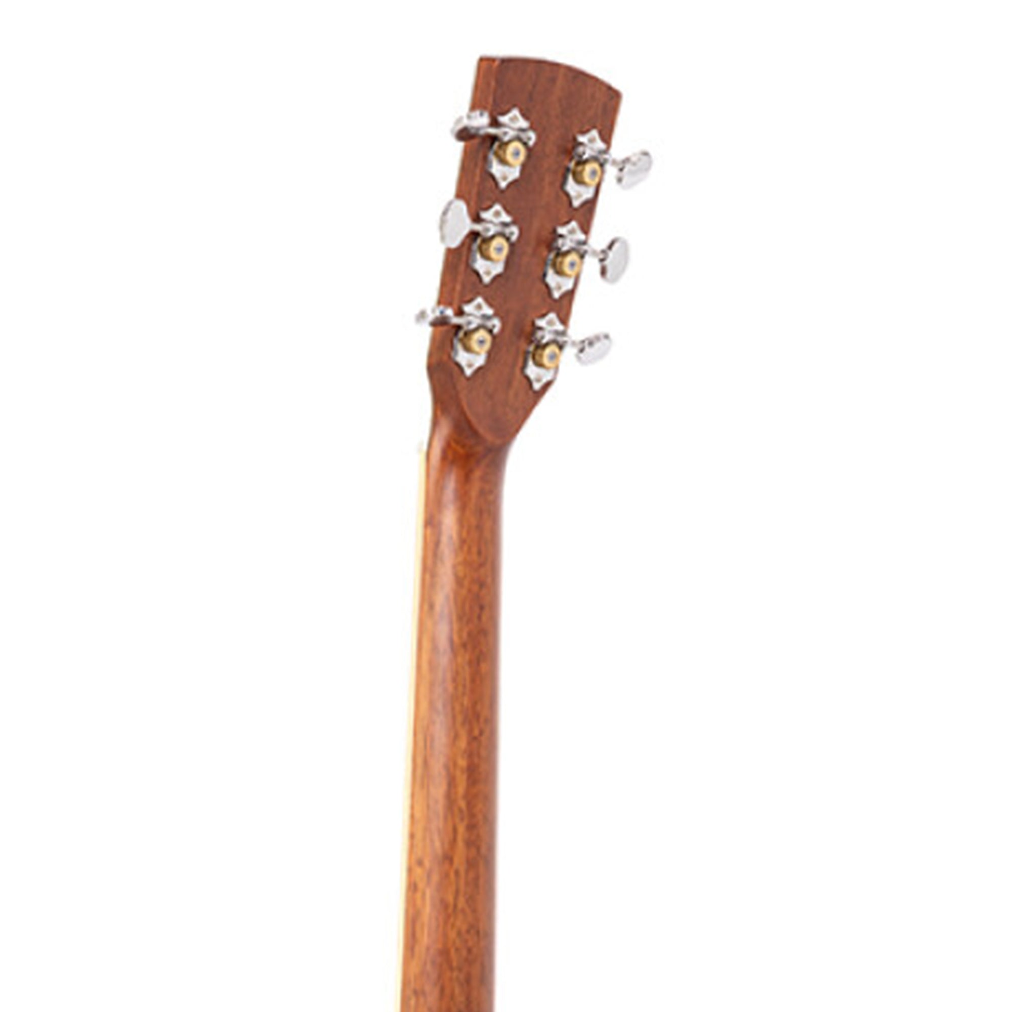 Close-up of the headstock and neck of an acoustic guitar, showing six silver tuning pegs and a warm brown wood finish against a white background.