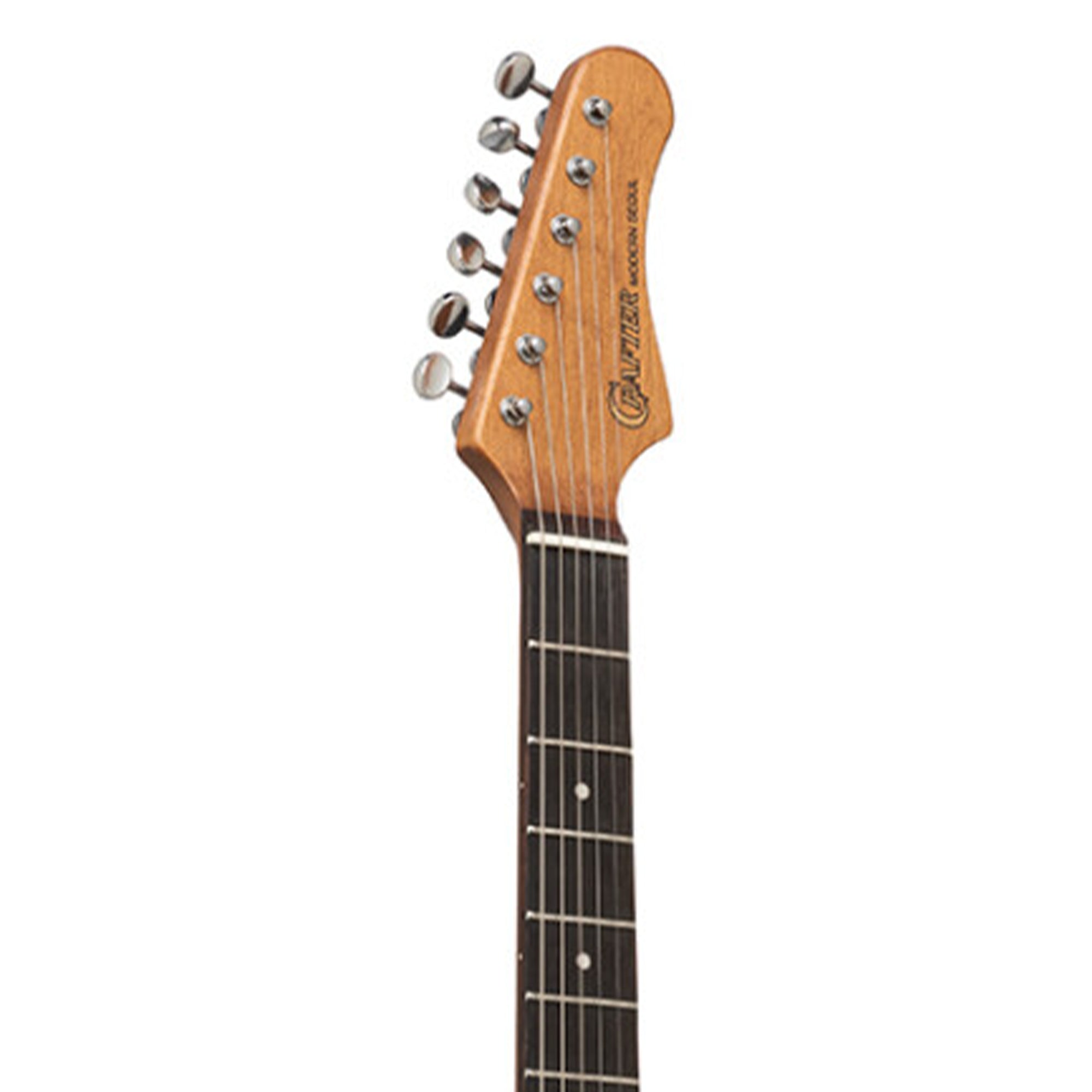 Guitar headstock with tuning pegs on a white background