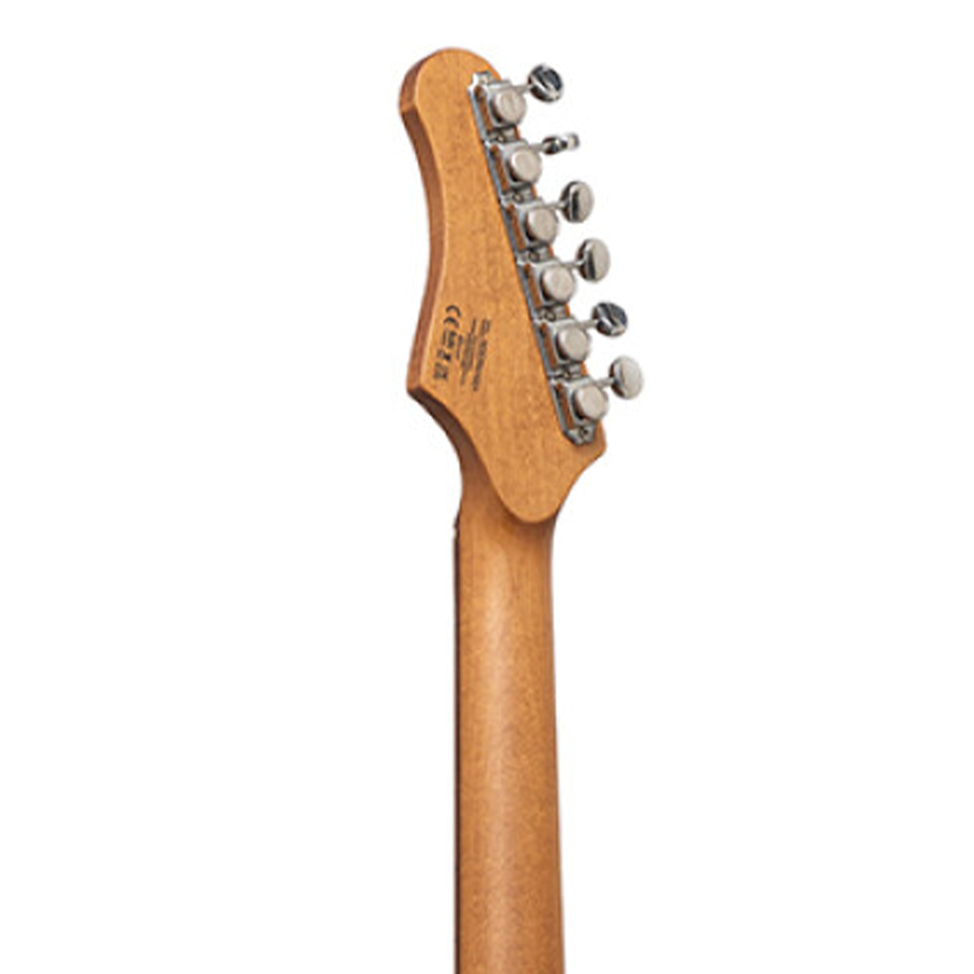 Guitar headstock with tuning pegs on a white background