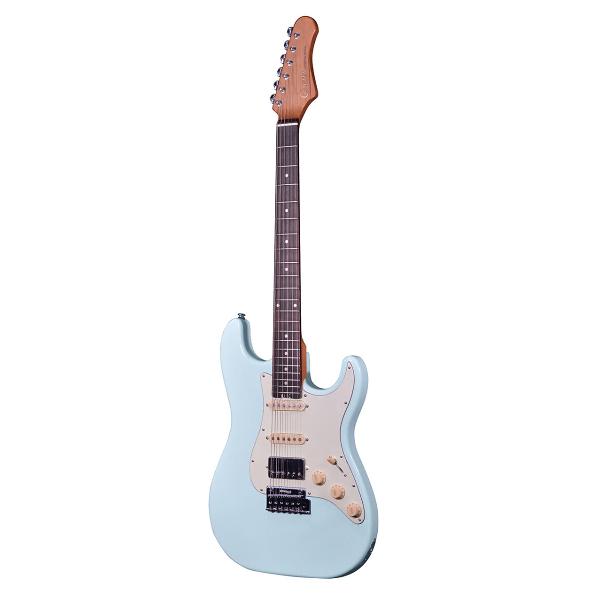 Crafter SEOUL SVVSR guitar with a light blue body and brown neck on a white background
