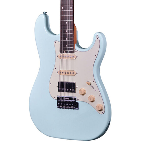 Crafter SEOUL SVVSR guitar with a light blue body on a white background