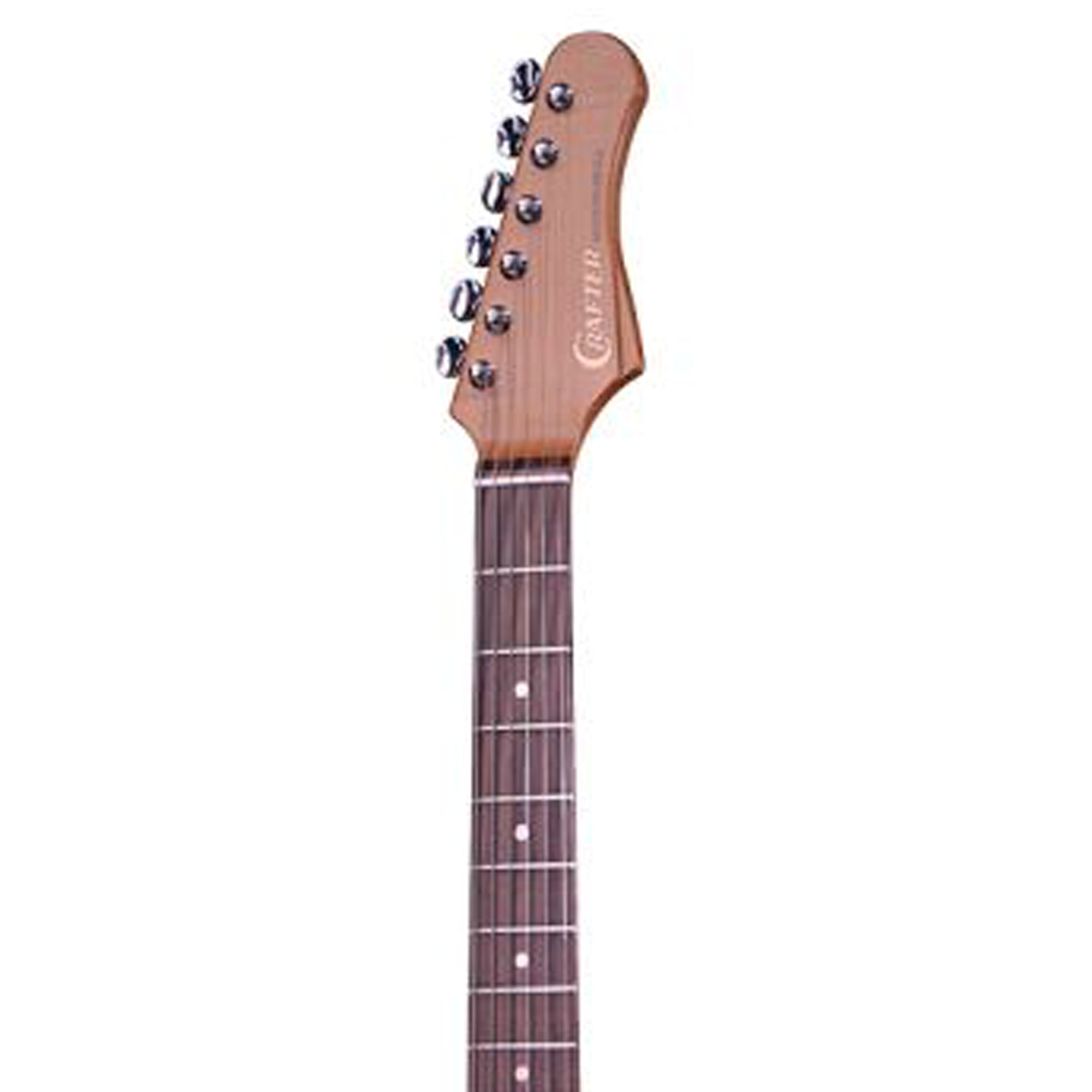 Guitar headstock with tuning pegs on a white background