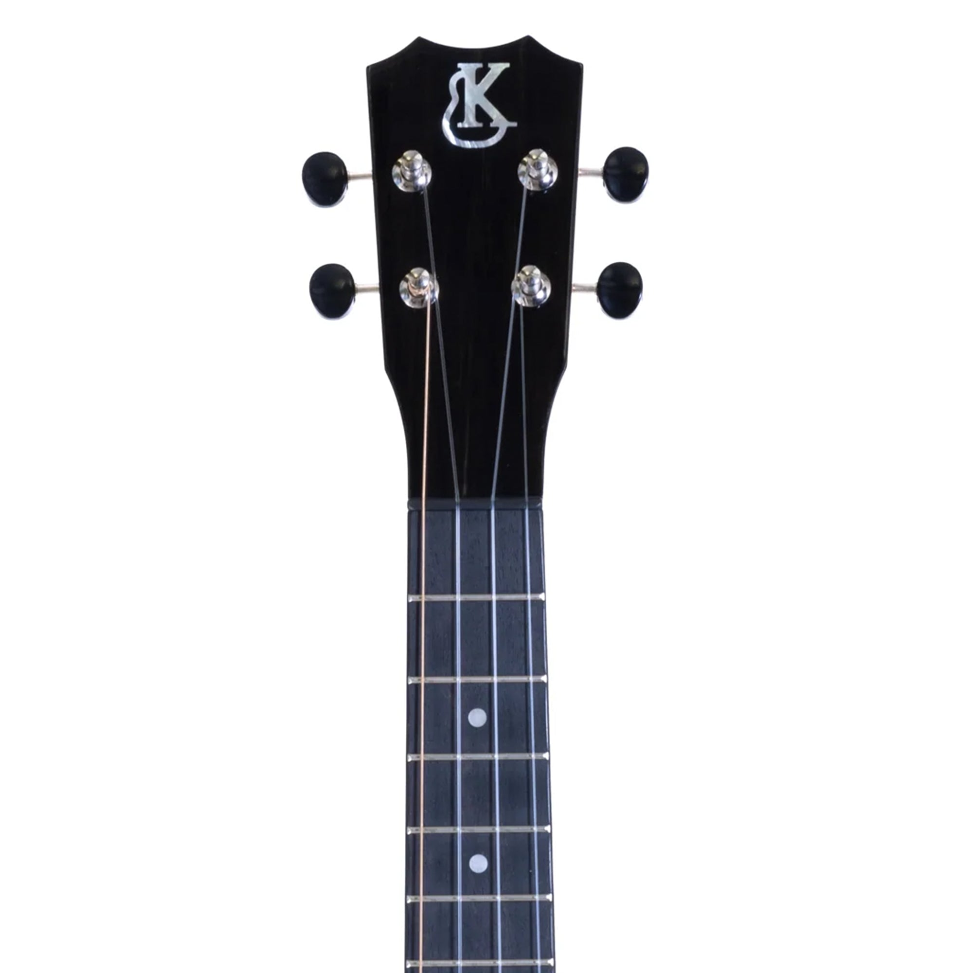 Close-up of a ukulele headstock with a brand logo on a white background