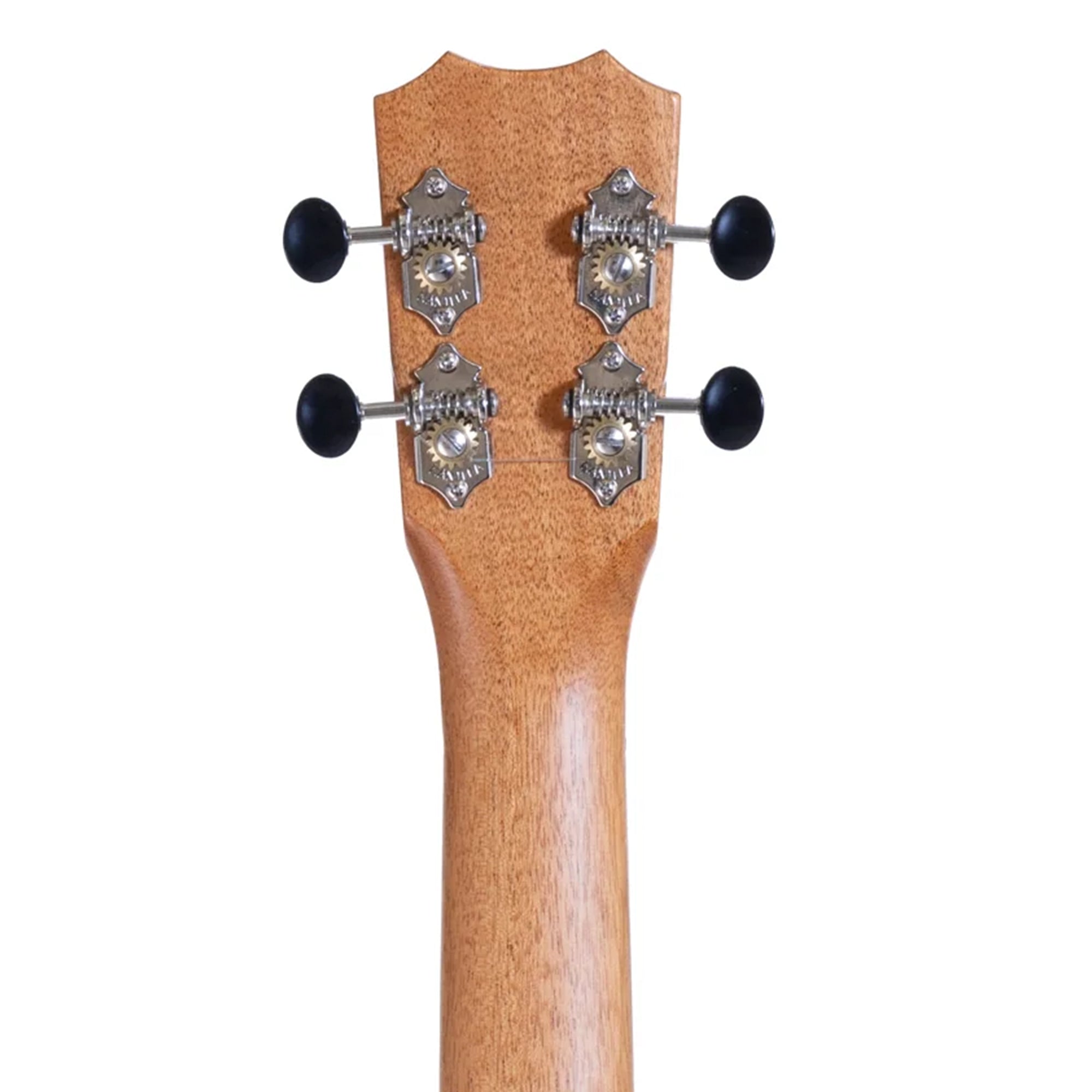 Close-up of a guitar headstock with tuning pegs on a white background