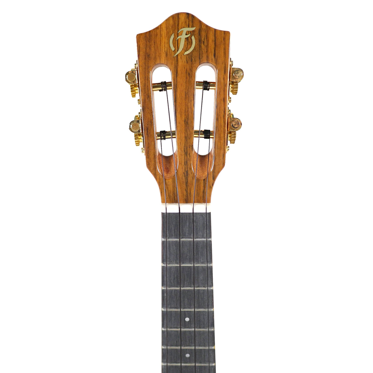 Flight Diana Soundwave Concert headstock close-up highlights the wooden slotted headstock, Flight logo, golden tuners, and bone nut.