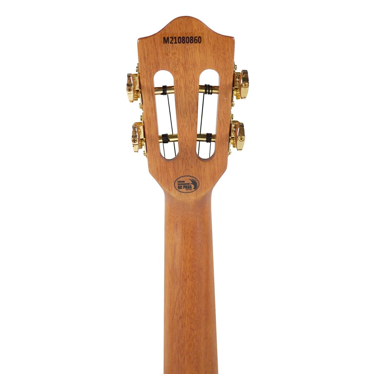 Flight Diana Soundwave Concert back headstock view shows the slotted design, golden tuners, and natural wood grain.