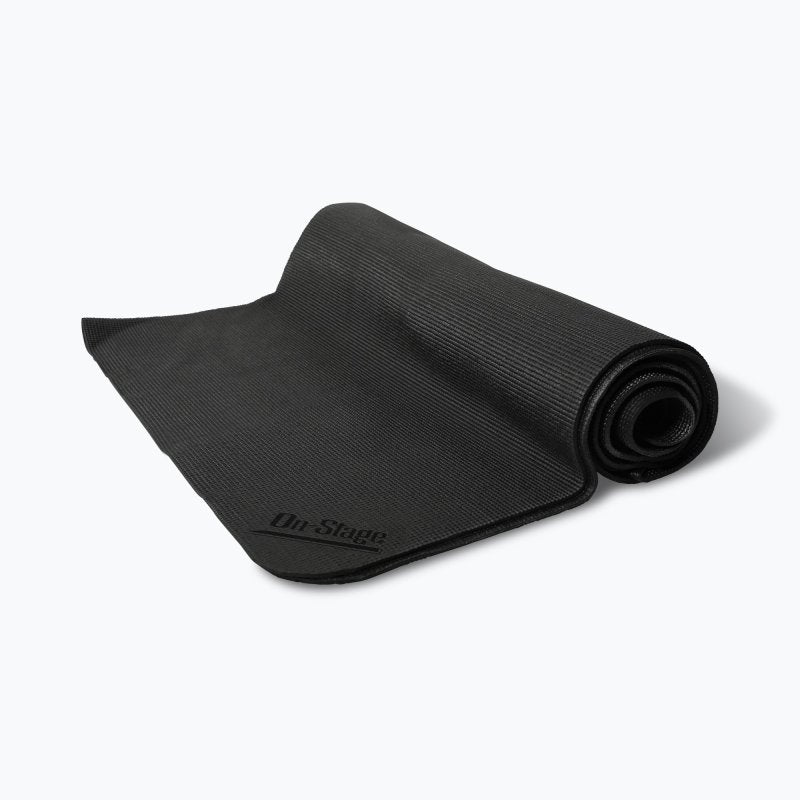 On-Stage DMA7550 black nonslip drum mat partly unrolled, showing the On-Stage logo