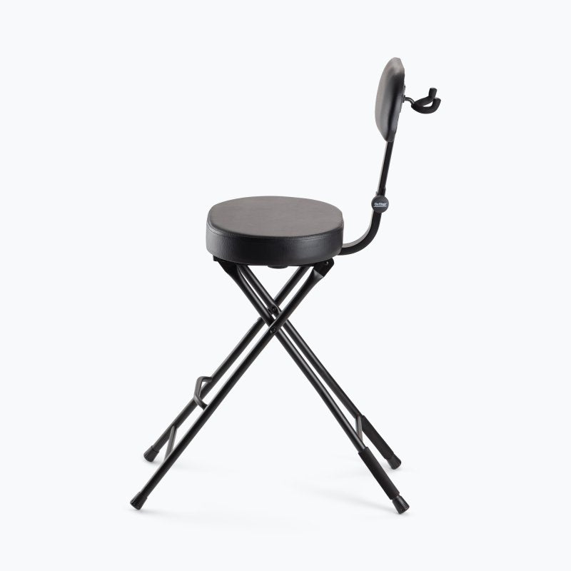 Side view of the On-Stage DT8000 showing the guitar hanger behind the backrest