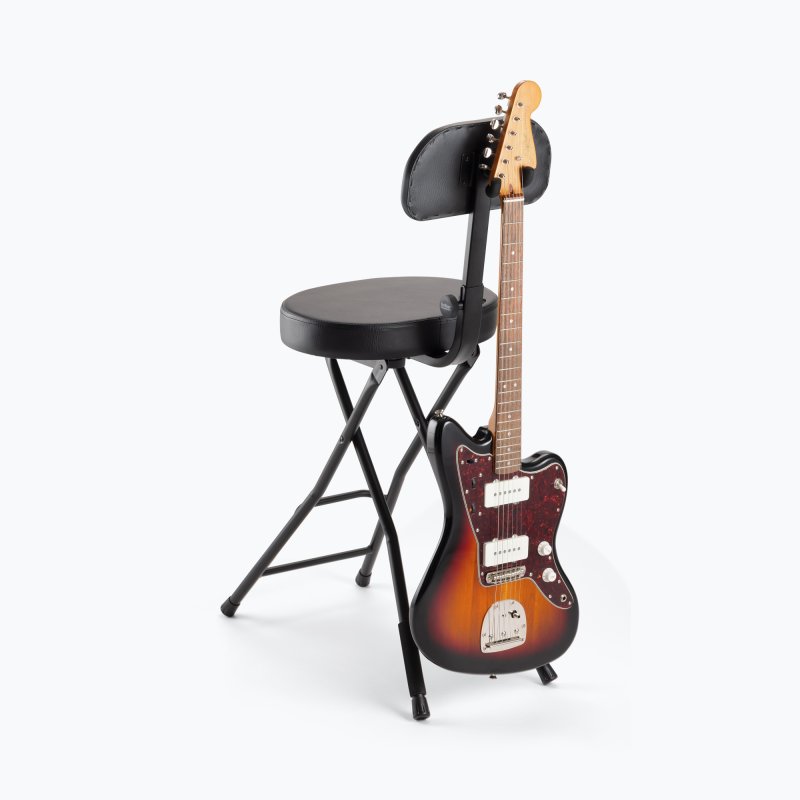 On-Stage DT8000 stool holding an electric guitar on its built-in hanger