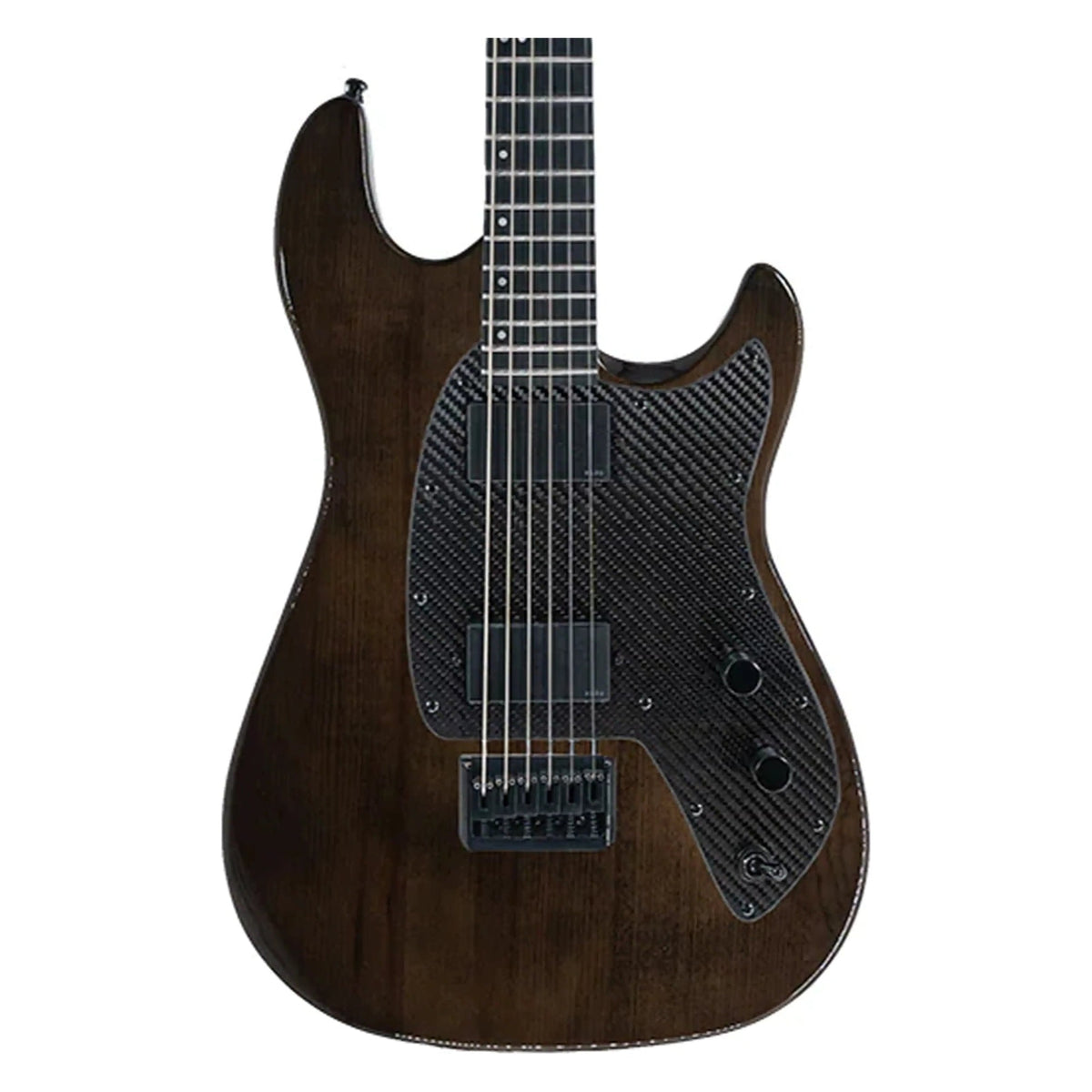 Klōs Baritone electric guitar in Dark Brown, close-up of body front with carbon fiber pickguard