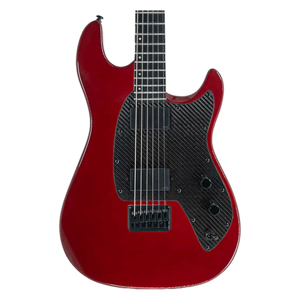 Klōs Baritone electric guitar in Red, close-up of body front with carbon fiber pickguard