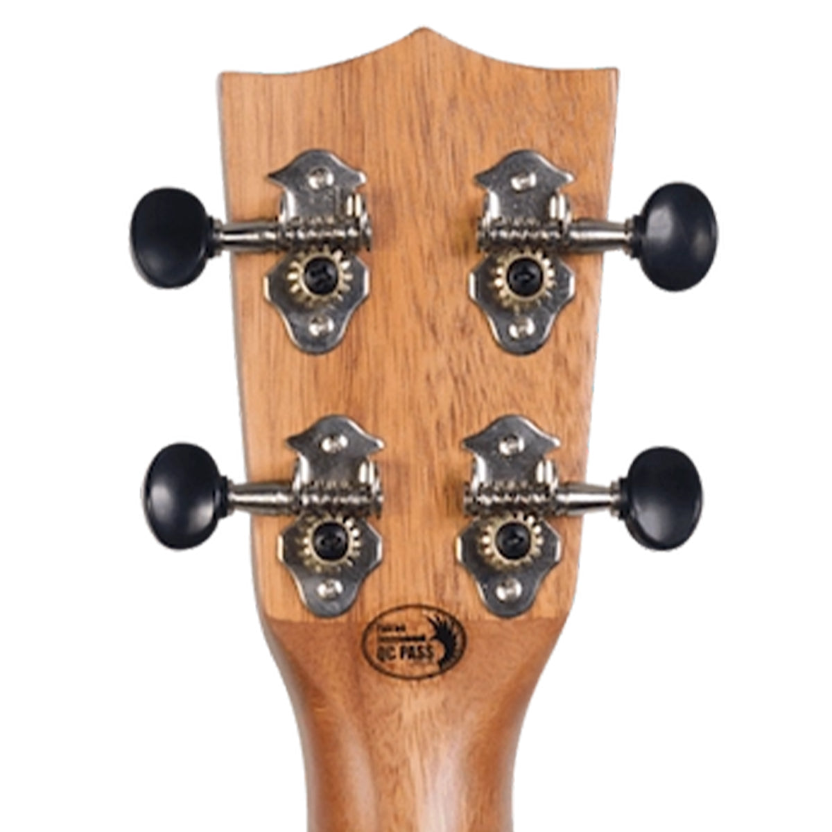 Close-up of the headstock of a ukulele made of natural wood with four black tuning keys and silver tuning pegs