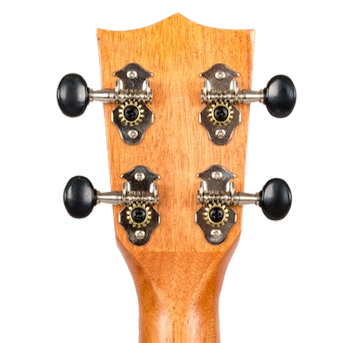 Close-up of a wooden tuning headstock with four black tuning keys and metal tuning pegs on a plain white background.