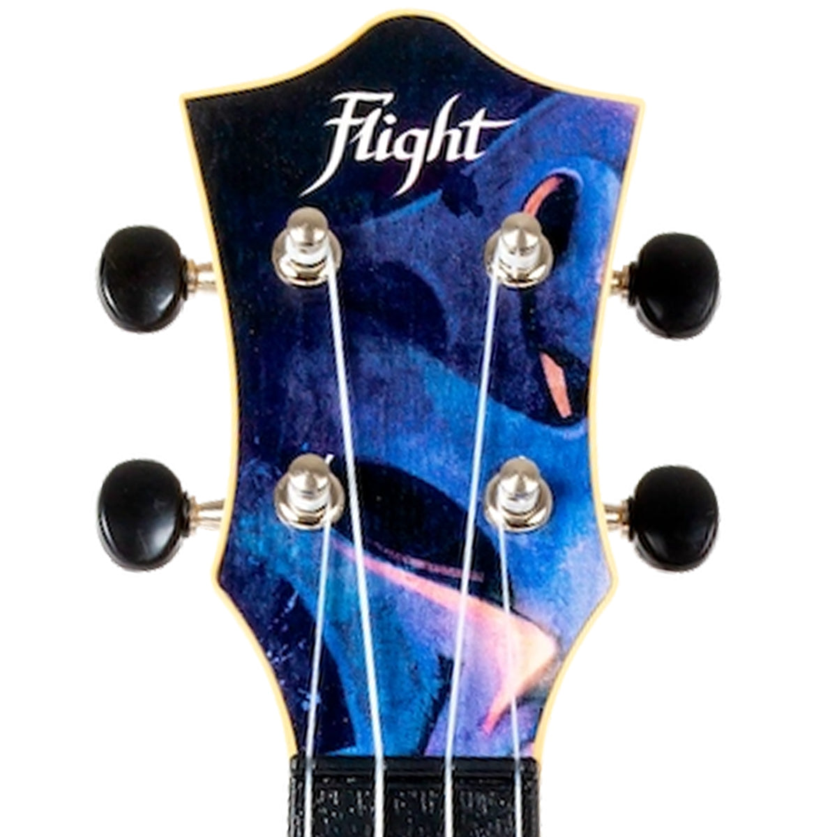 Close-up of a headstock for a guitar or ukulele with the brand name 'Flight' printed in white script. The headstock features an abstract blue, purple, and black marbled pattern with a gold outline, four black tuning pegs, and four silver tuning screws with white strings.
