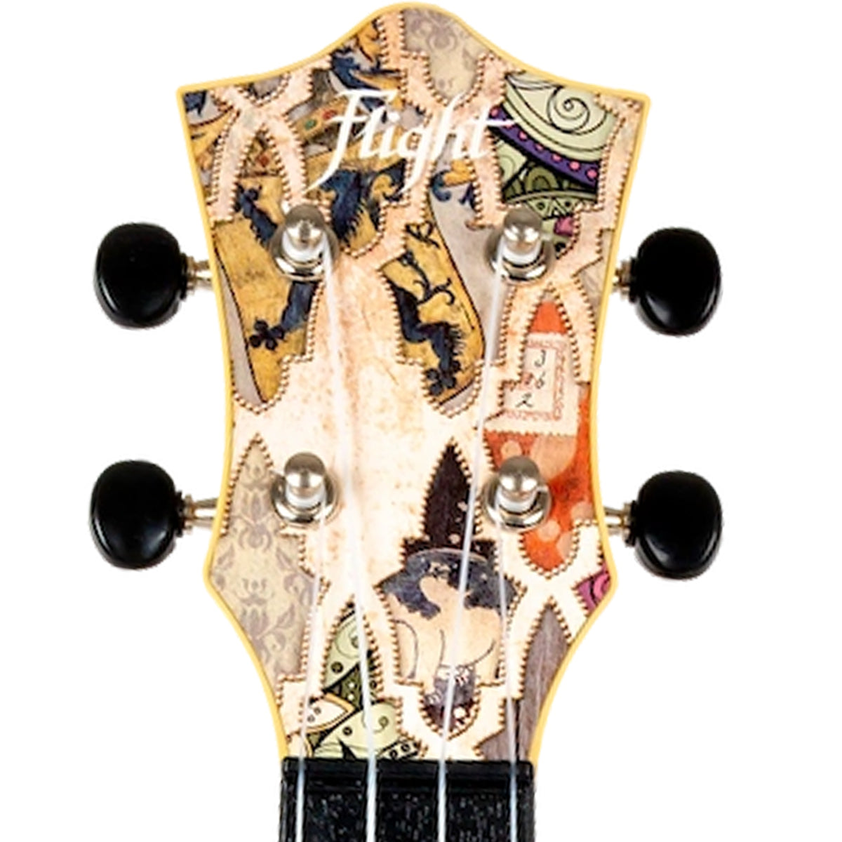 Close-up of a ukulele headstock featuring a vintage-style collage design with illustrations of birds, butterflies, and ornate patterns in beige, brown, black, orange, and green tones. The brand name 'flight' is printed in white script near the top.