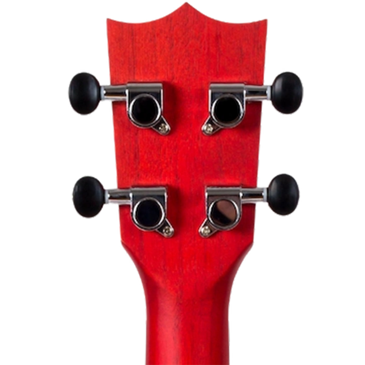 Close-up of a red wooden headstock with four black tuning pegs and silver metal hardware on a white background.