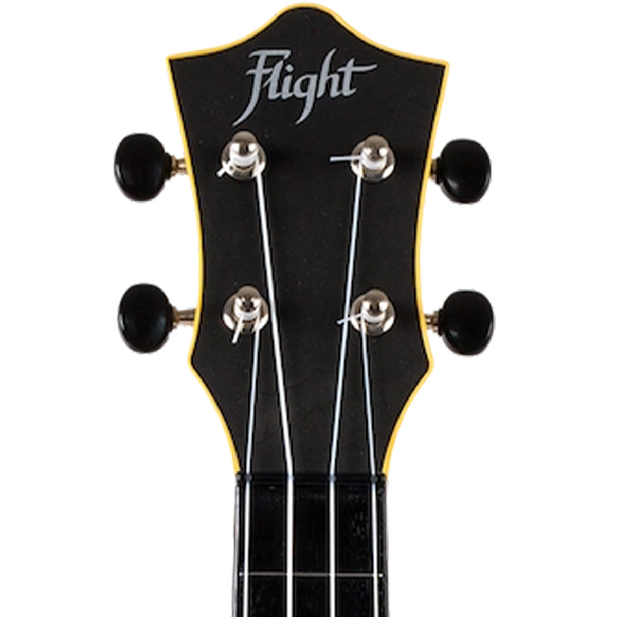 Close-up of a black ukulele headstock with gold trim, four tuning pegs, and the Flight logo in white script on a white background.