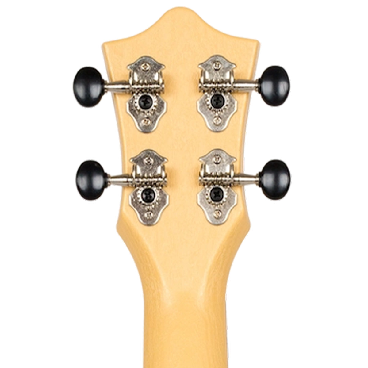 Close-up of a uke headstock showing four black tuning pegs with silver metal hardware on a light natural wood background.