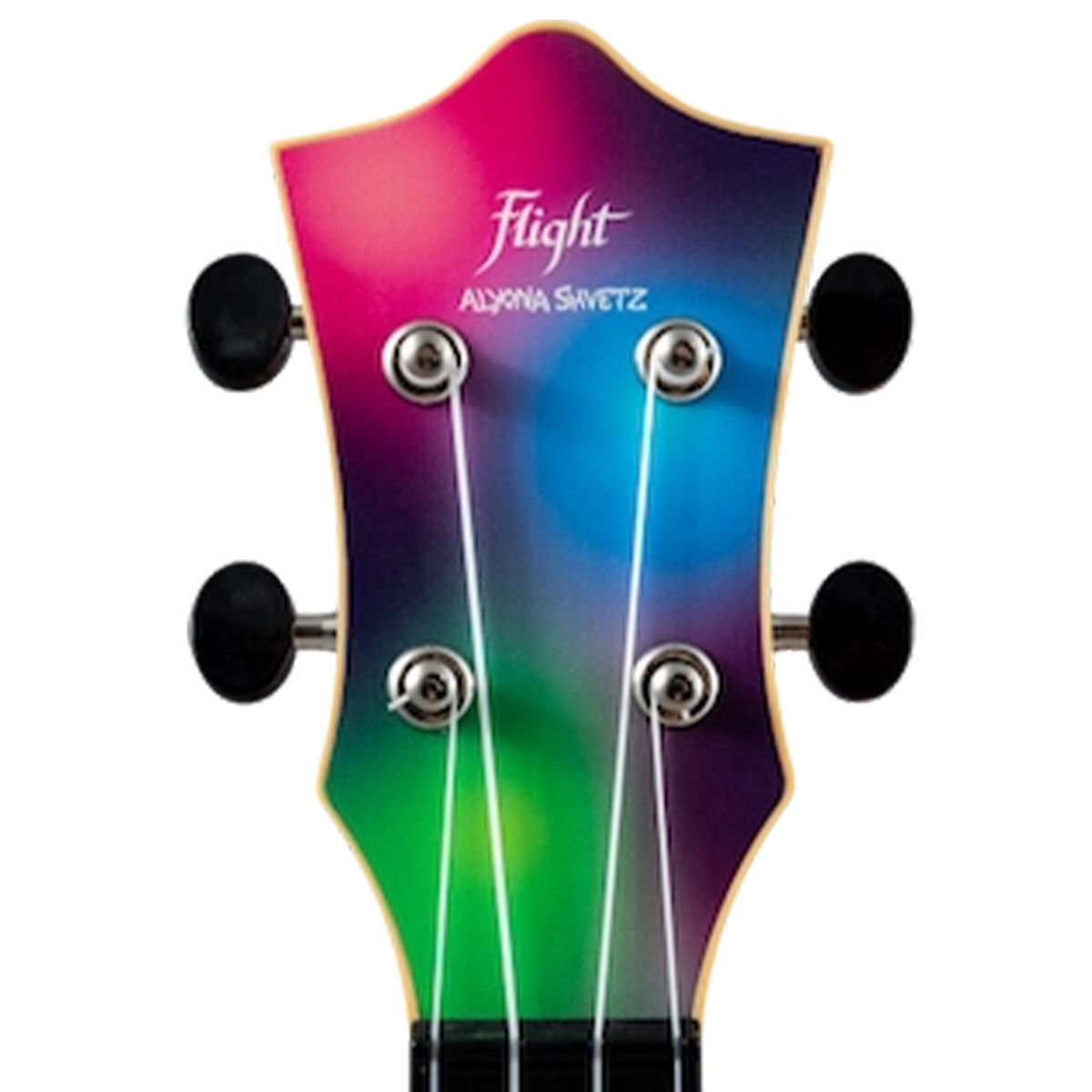 Close-up of a ukulele headstock with a vibrant rainbow gradient design transitioning from pink and purple to blue, green, and dark purple. The brand name 'Flight' is printed in white script, with 'ALYONA SKVETZ' underneath.