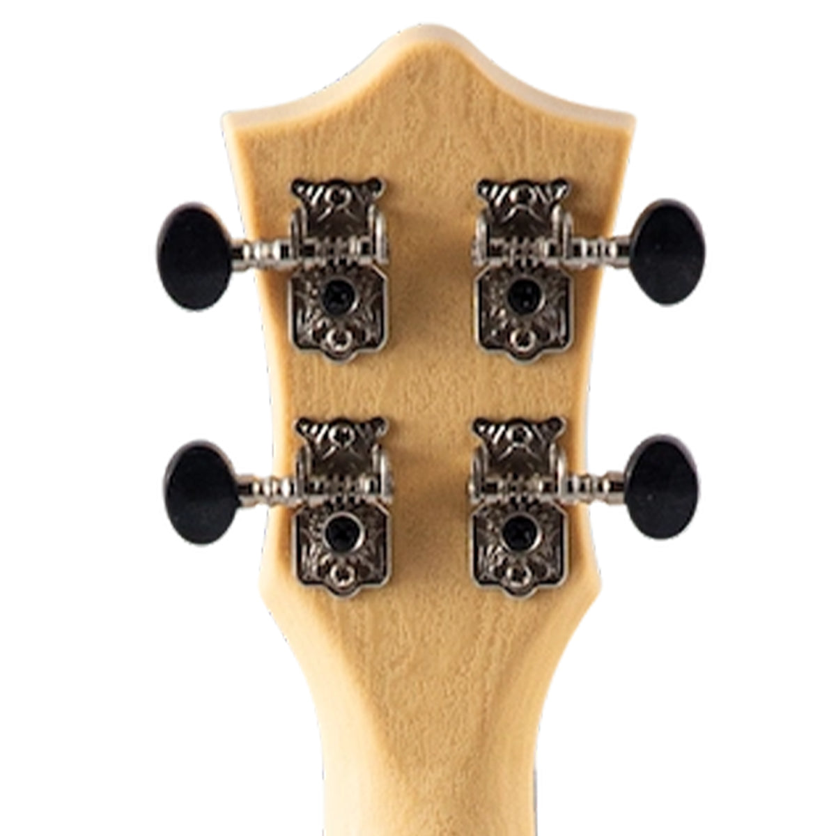 Close-up of a guitar headstock showing four black tuning pegs and ornate silver metal tuning machines on a light natural wood neck against a white background.