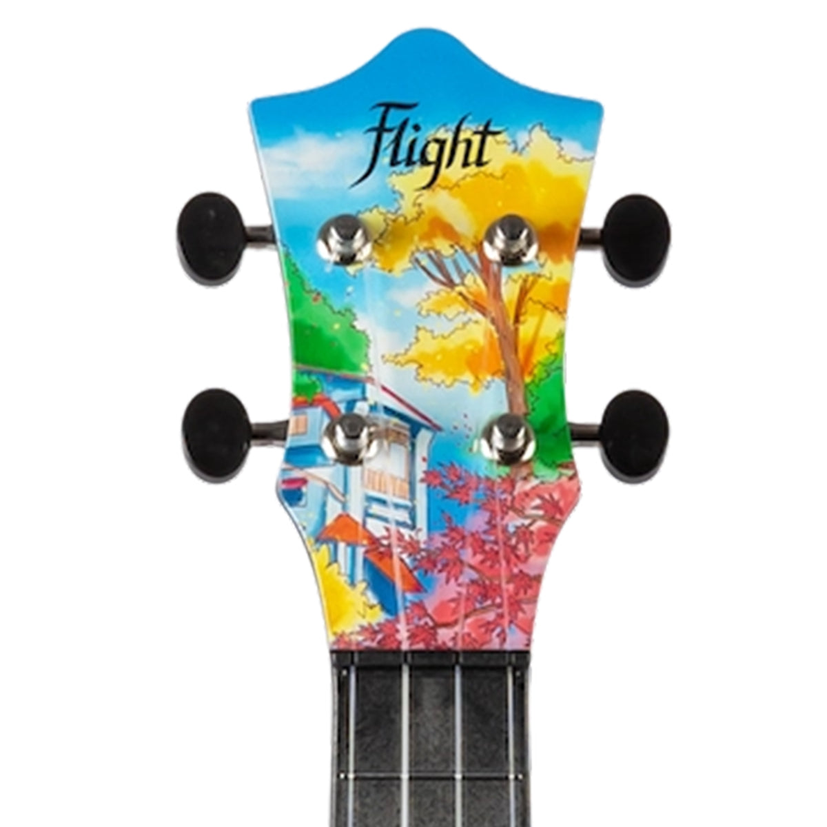 Close-up of a ukulele headstock featuring a colorful painted landscape with trees, a house, and the word 'Flight' in script, shown on a white background.