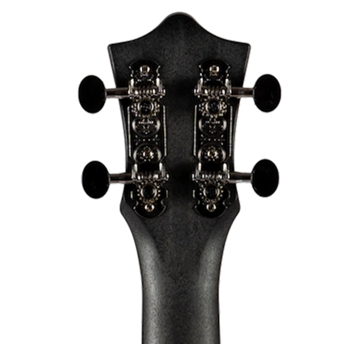 Close-up of the headstock of a black guitar, showing the four tuning pegs and tuners against a plain white background.