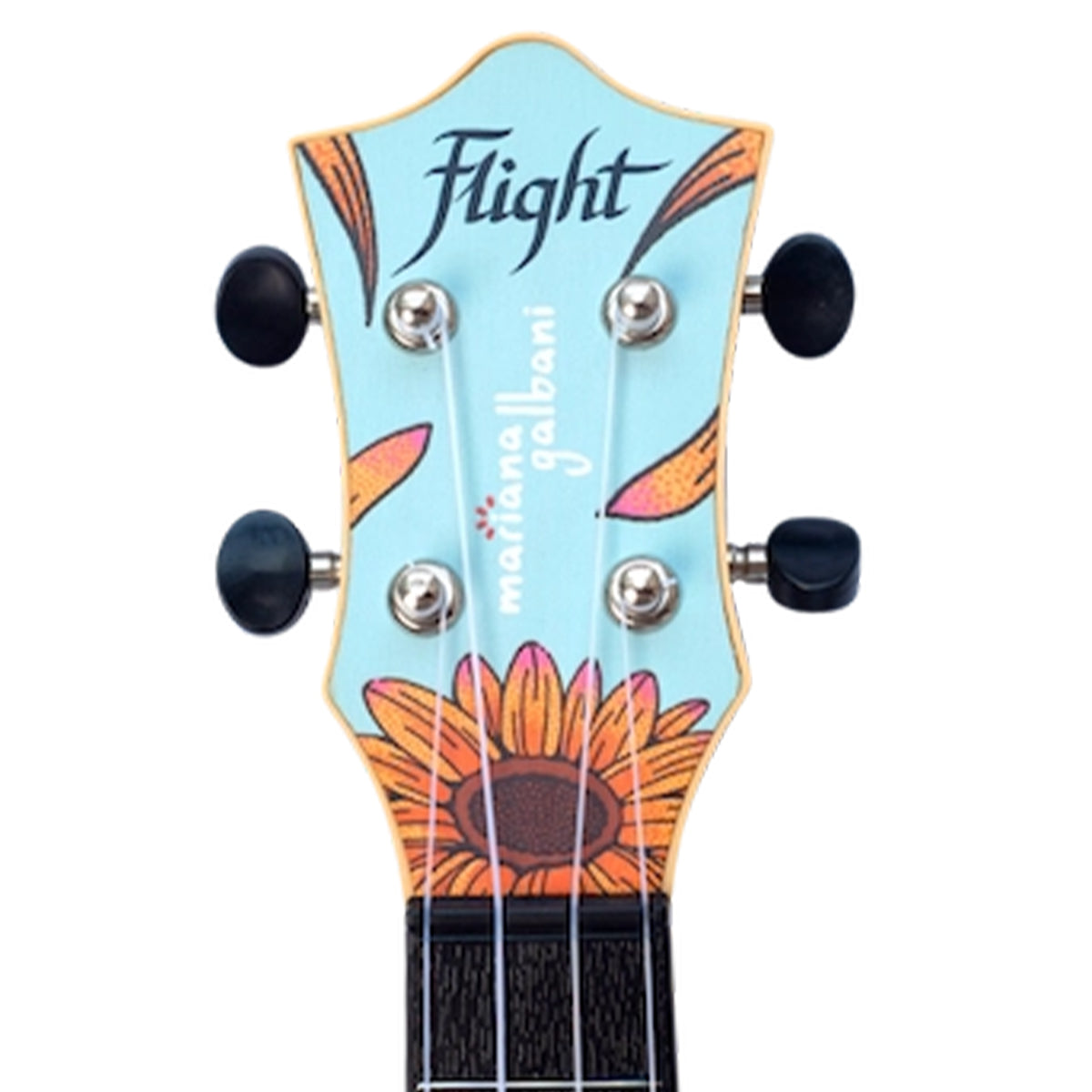 Close-up of a ukulele headstock with a light blue background, a large sunflower illustration, and the visible brand name Flight.