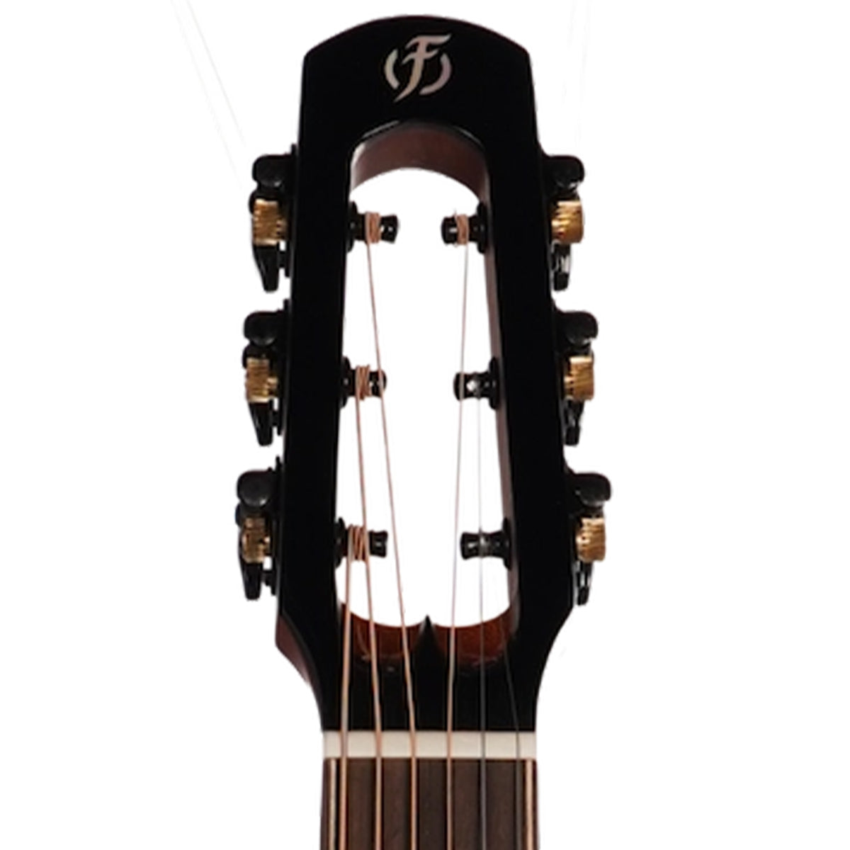 Close-up of a headstock with six tuning pegs, six strings, and a black finish featuring a stylized 'F' logo at the top, set against a plain white background.