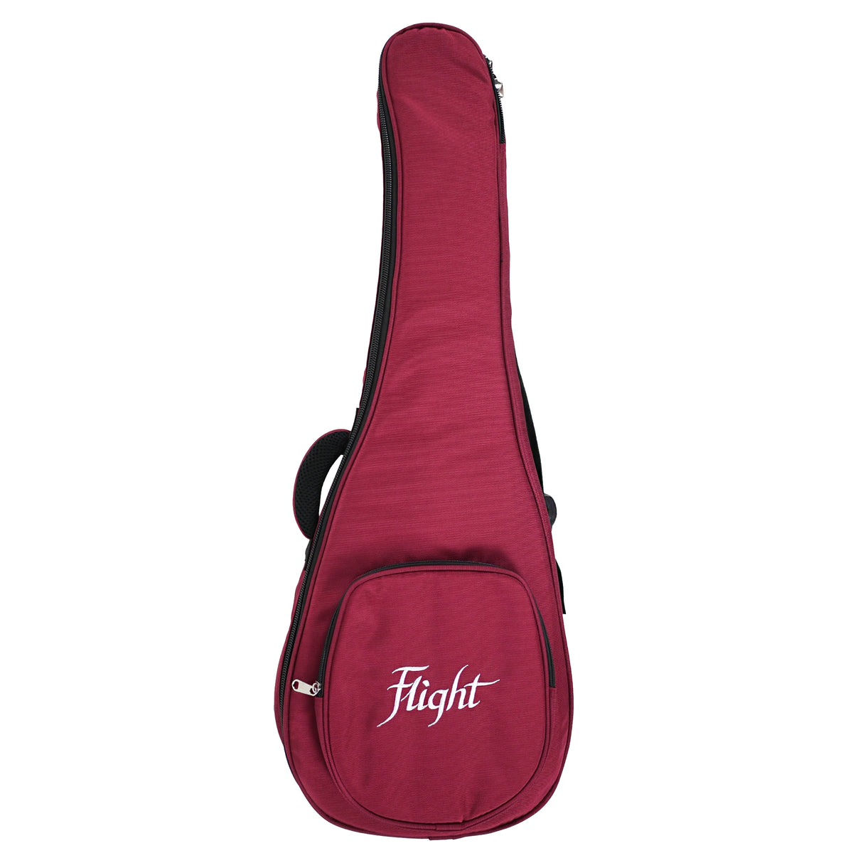 The Flight Galaxy BL CE Baritone Ukulele includes a red Flight Deluxe Gig Bag with a zippered front pocket.