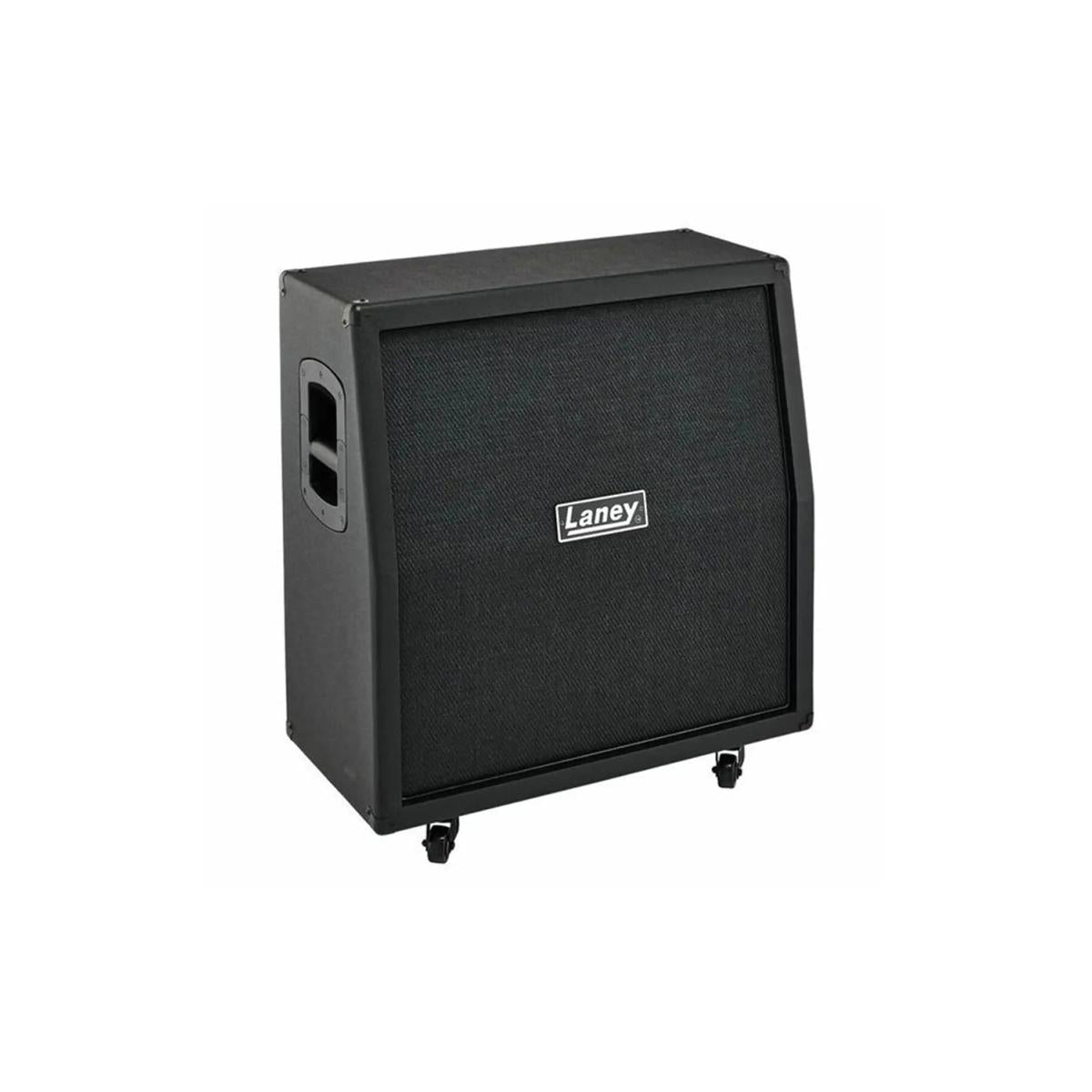 Laney GS412IA angled 4 x 12 guitar cabinet from the front left with black grille, Laney badge and side handle
