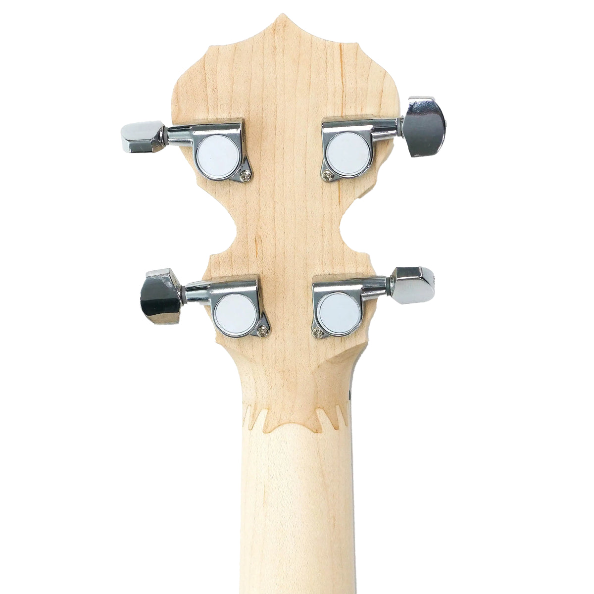 Close-up of the headstock of a wooden stringed instrument, showing four tuning pegs with white tuning keys on a plain white background.