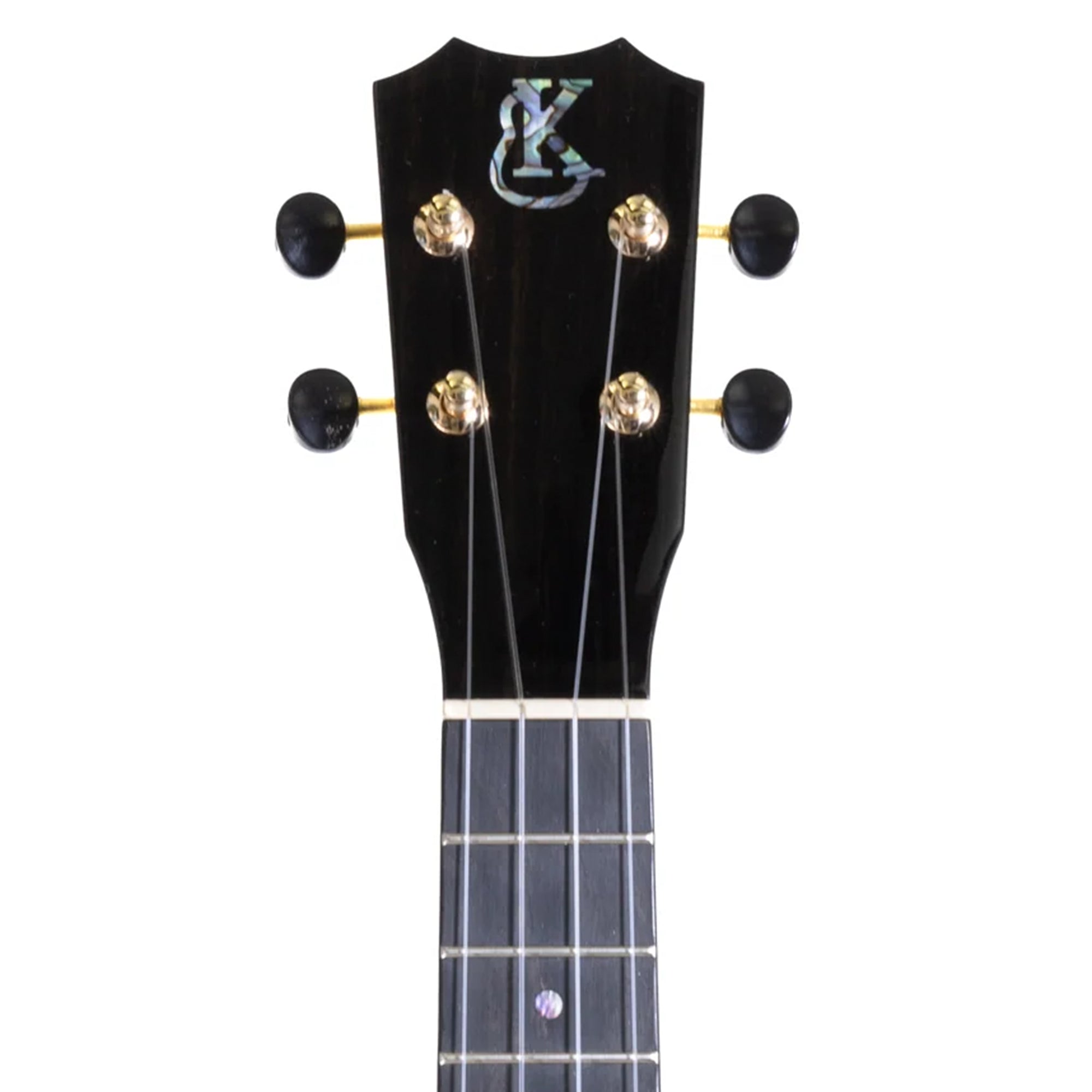 Close-up of a ukulele's headstock with brand logo on a white background