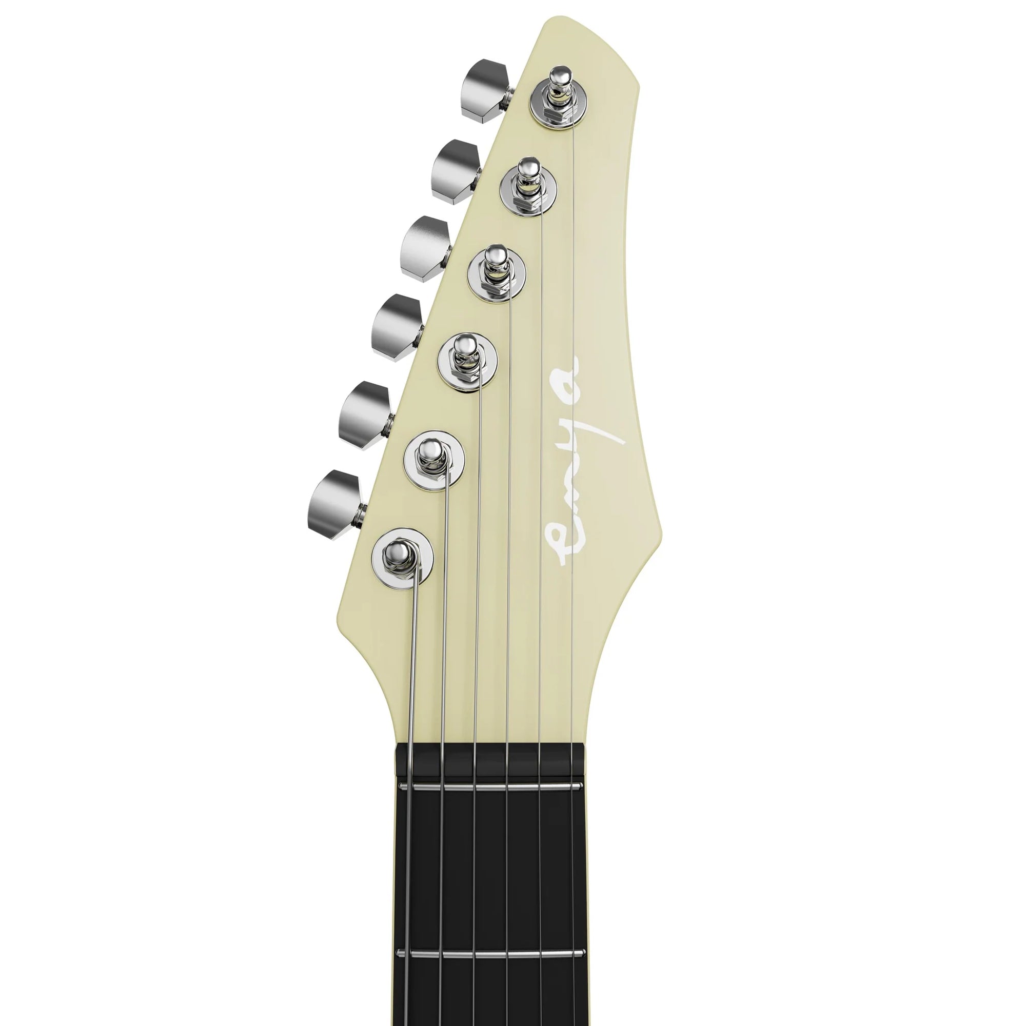 Guitar headstock with 'enya' branding on a white background