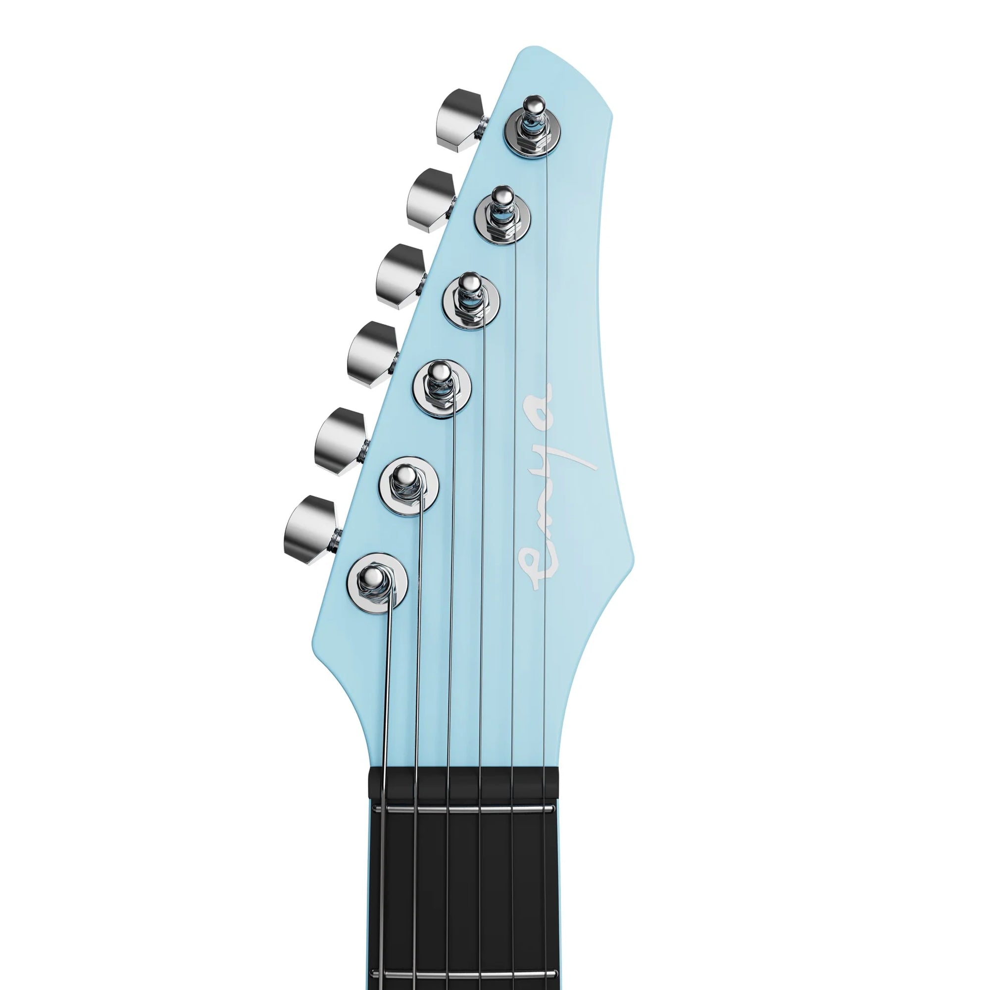 Close-up of a light blue electric guitar neck with tuning pegs on a white background