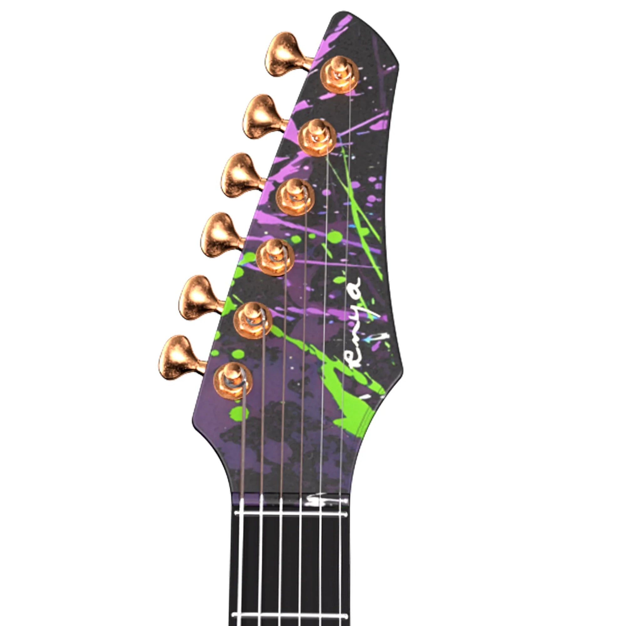 Guitar headstock with colorful design on a white background