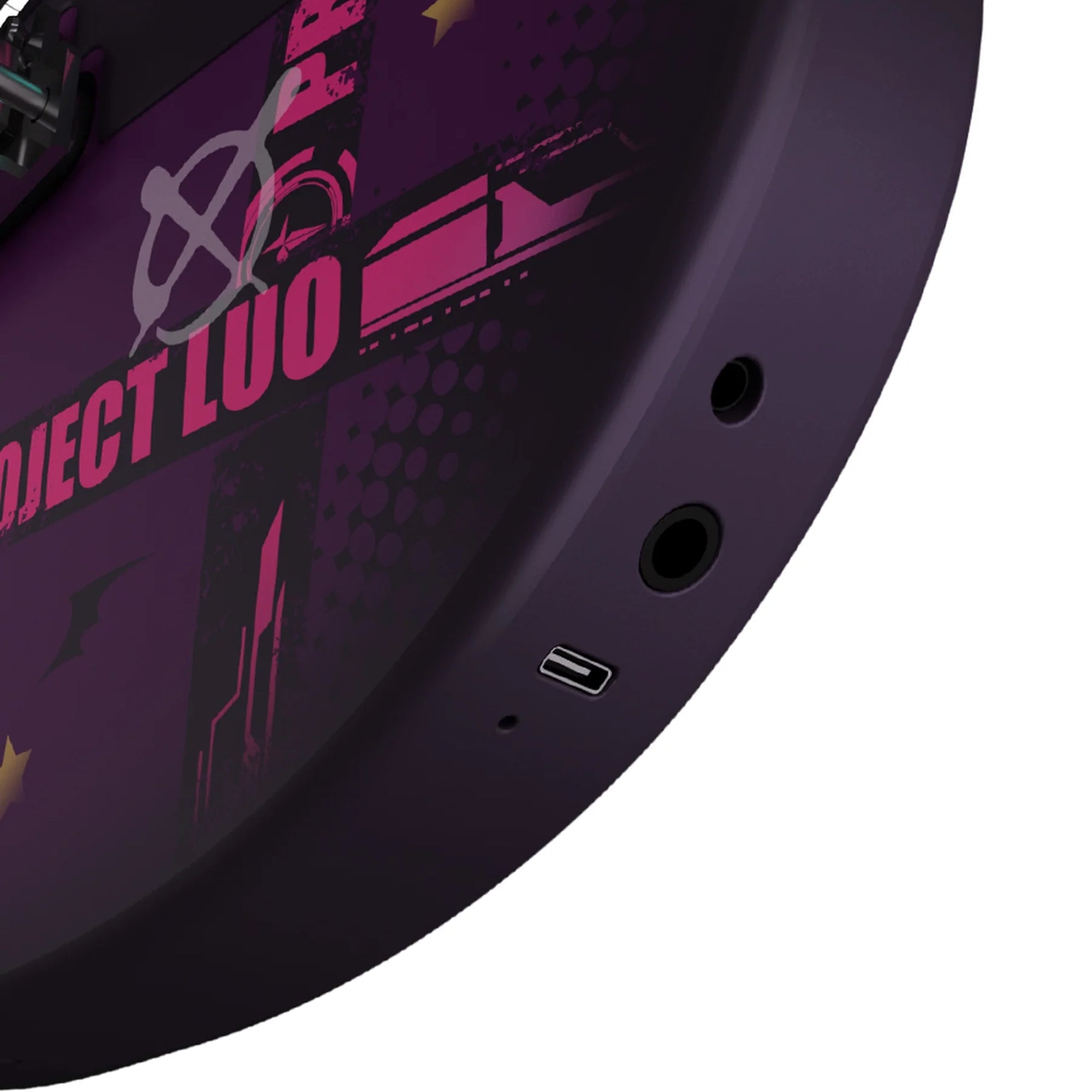 Close-up of a purple device with 'DIRECT LVO' wording and USB port on a white background