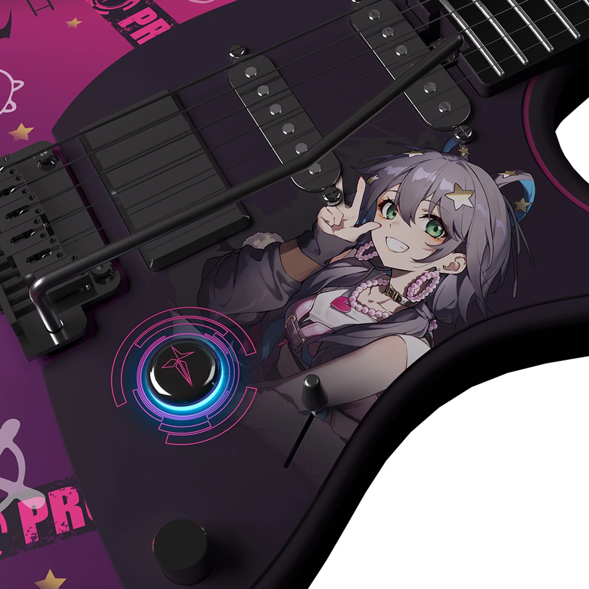 Electric guitar with anime character design on a white background