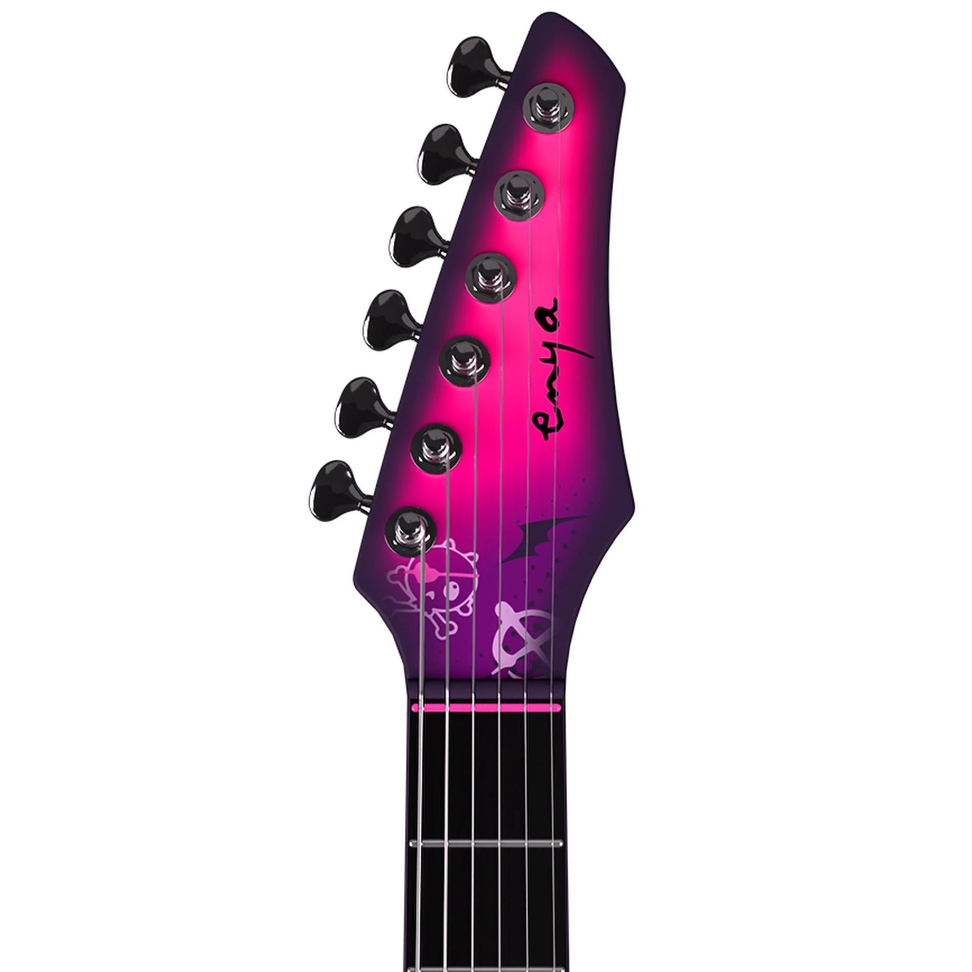 Purple electric guitar headstock with Enya logo on a white background