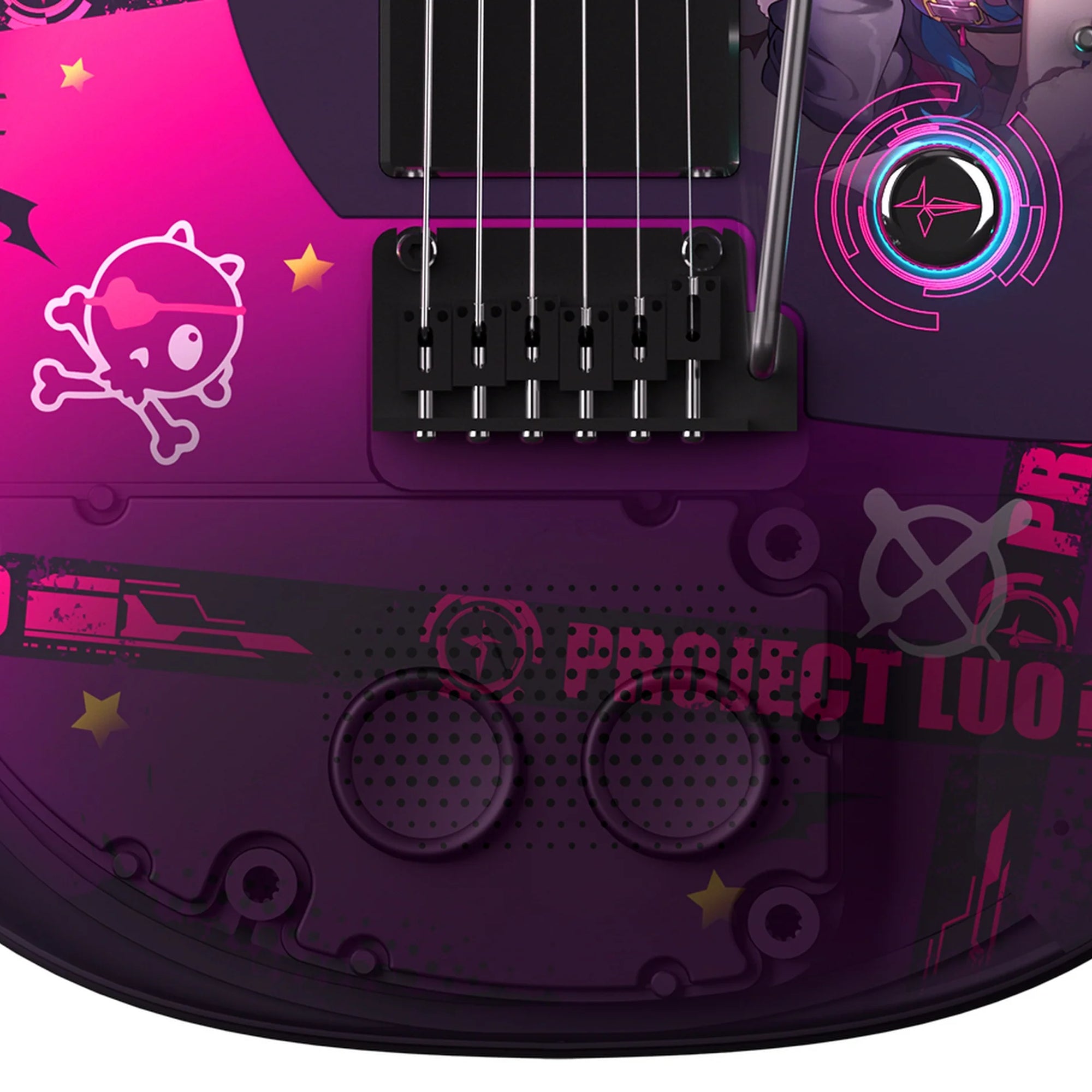Close-up of a purple electric guitar with pink accents and 'Project Luo' branding.