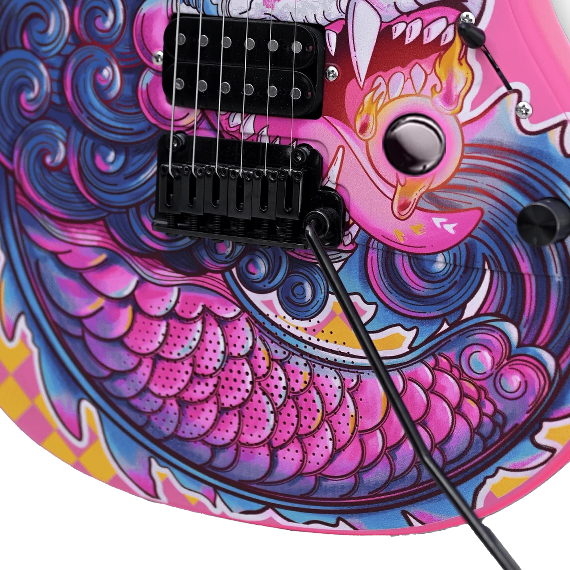 Colorful guitar with intricate design on a white background