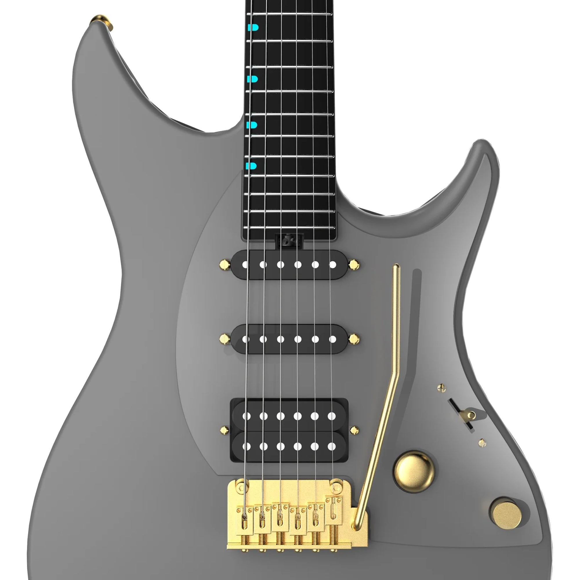 Gray electric guitar with gold hardware on a white background