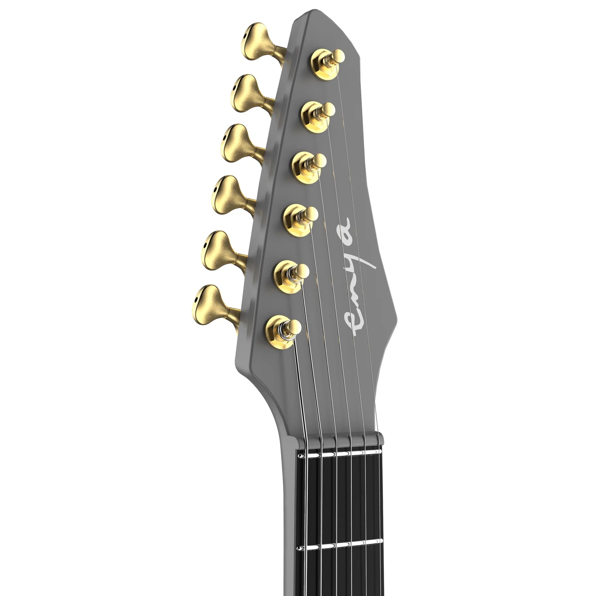 Close-up of a guitar headstock with gold tuning pegs on a white background