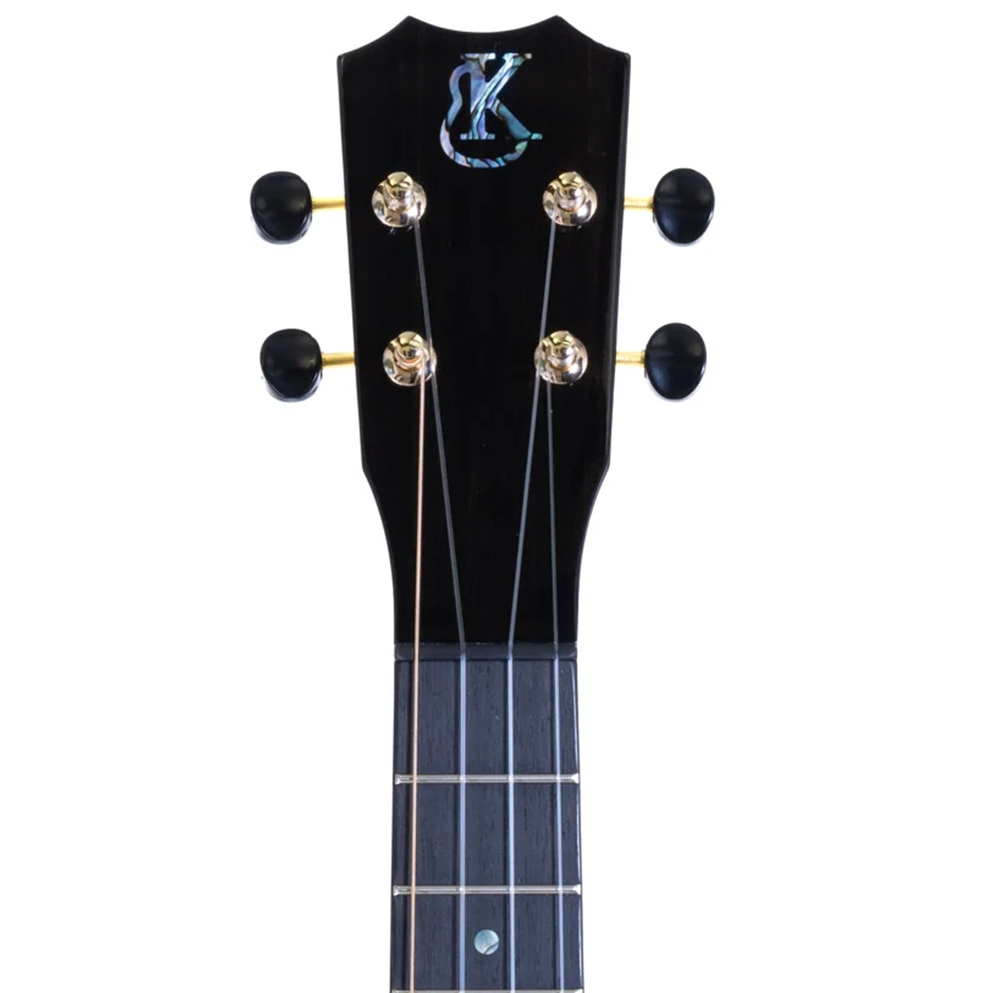 Black ukulele neck with tuning pegs and brand logo on a white background