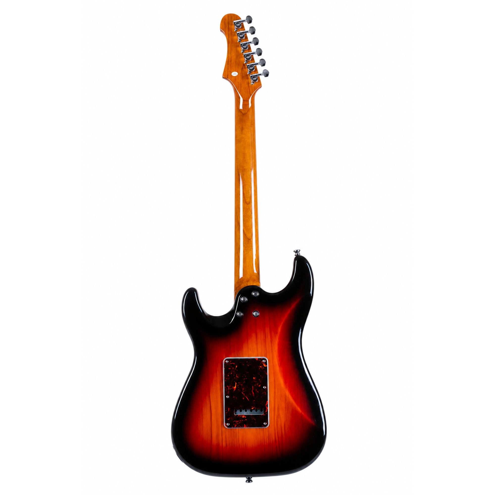 A Jet JS-400 Stratocaster Electric Guitar shown from the back, featuring a glossy sunburst finish that transitions from bright orange to black, with a maple neck and headstock.