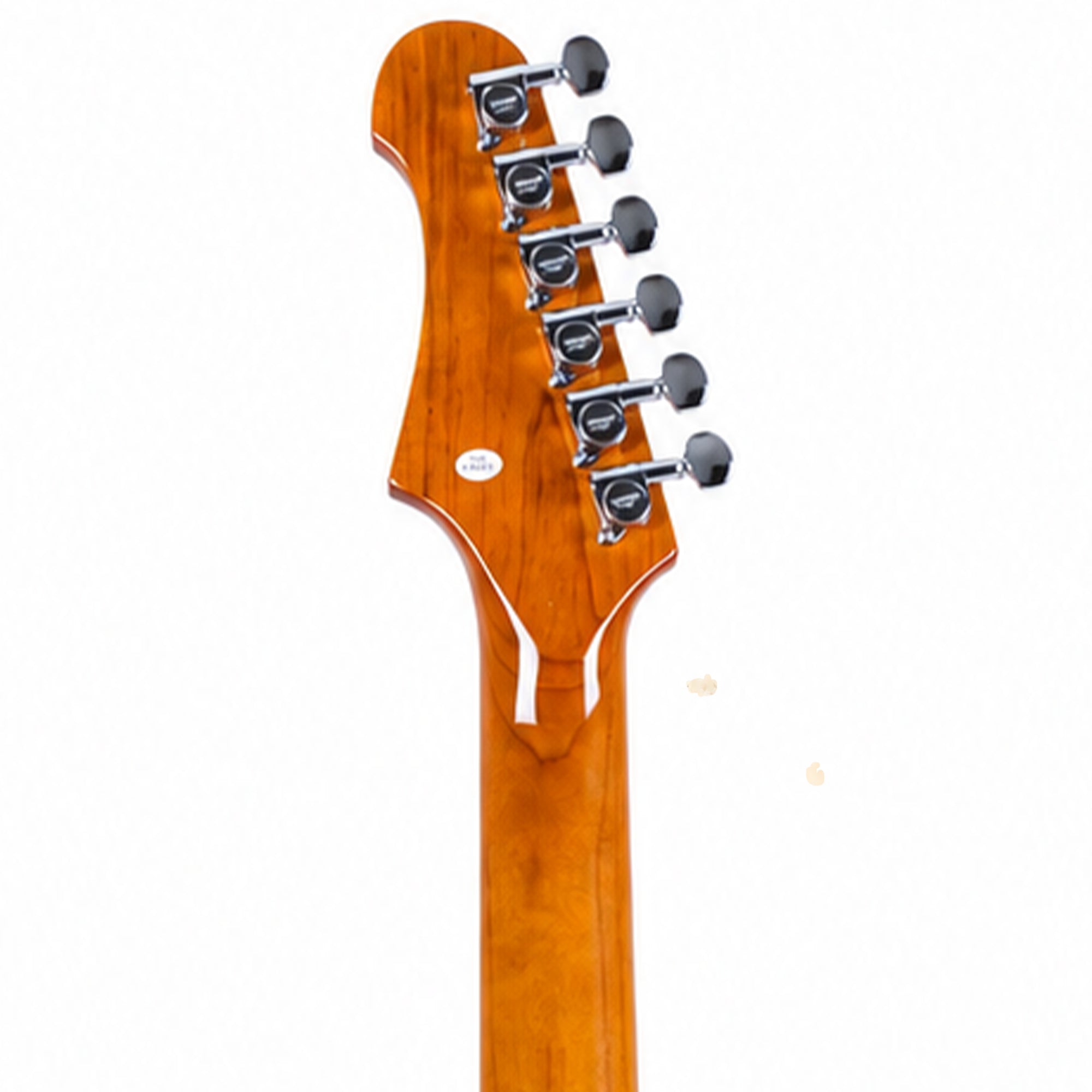 Close-up of the headstock of an electric guitar with a glossy orange-brown wood finish and six black tuning pegs, shown against a plain white background.